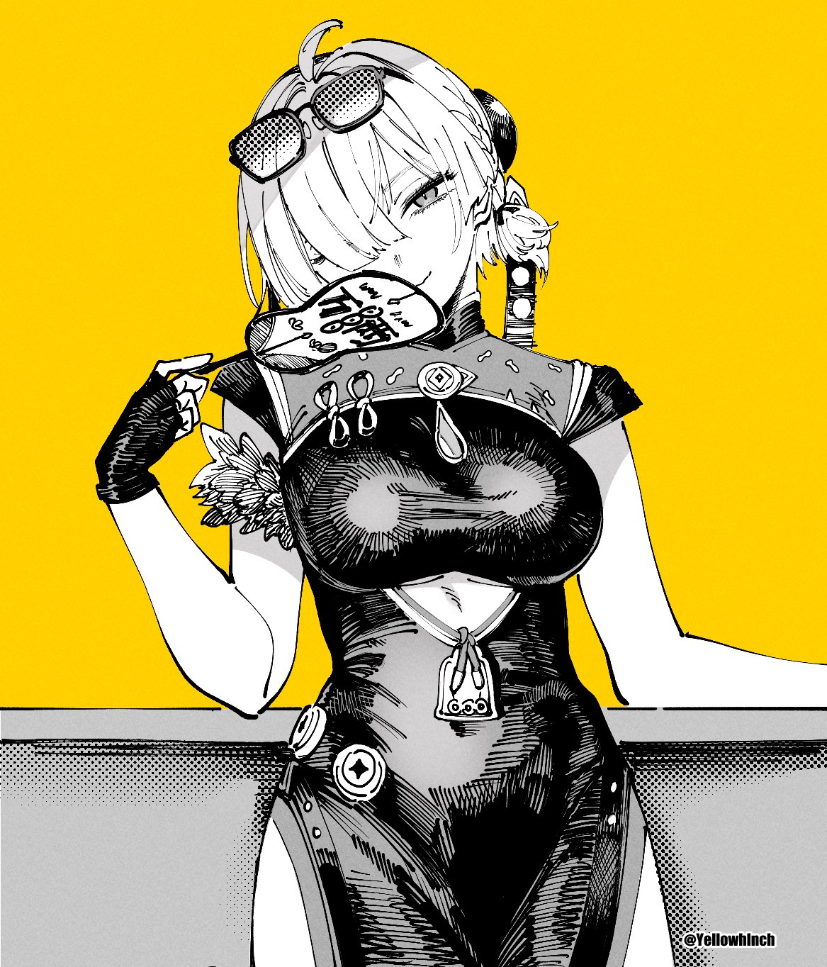 otimusyairoha, sweety (zenless zone zero), zenless zone zero, commentary, highres, 1girl, ahoge, arm rest, black dress, black gloves, breasts, china dress, chinese clothes, closed mouth, clothing cutout, covered navel, cowboy shot, cutout above navel, dress, eyewear on head, fingerless gloves, gloves, greyscale with colored background, hair over one eye, hand fan, hand up, head tilt, holding, holding fan, large breasts, looking at viewer, monochrome, single fingerless glove, smile, solo, sunglasses, tinted eyewear, tuanshan, twitter username, underboob cutout, yellow background