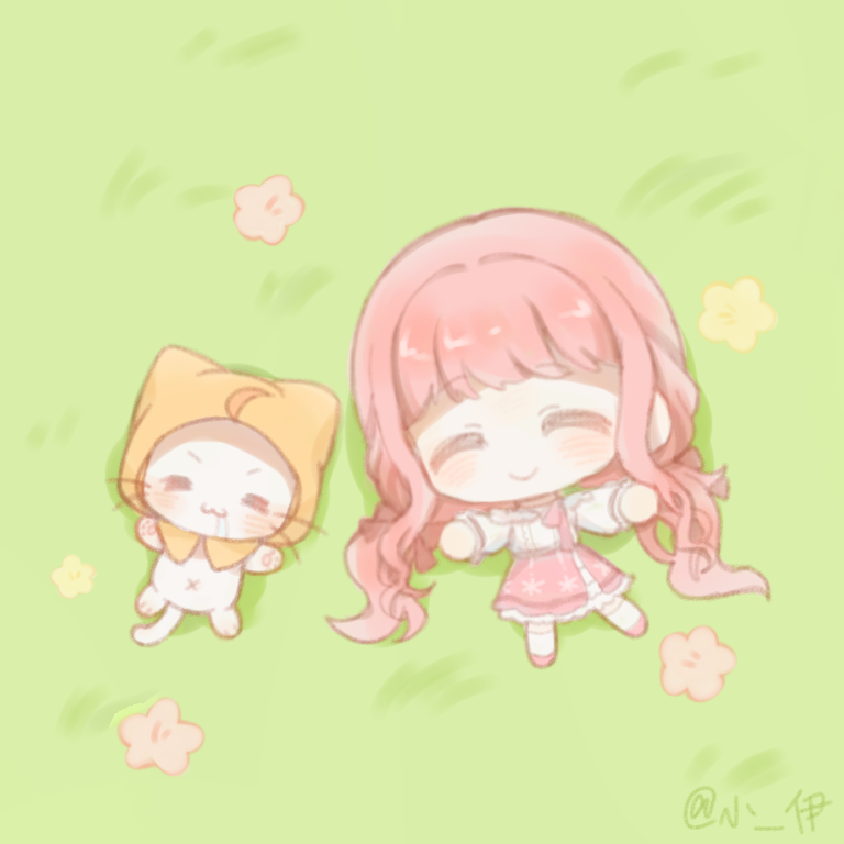 momo (nikki), nikki (nikki), perfect start (infinity nikki), infinity nikki, nikki (series), chinese commentary, commentary request, 1girl, = =, ^ ^, ahoge, animal, artist name, bare shoulders, belt, black belt, black bow, black ribbon, bow, bow choker, bowtie, caoji76680, cat, center frills, chibi, choker, cloak, closed eyes, closed mouth, clothed animal, drooling, ear covers, flower, frilled shirt, frilled skirt, frilled sleeves, frills, hair bow, hair ribbon, happy, hood, hood up, hooded cloak, kneehighs, layered skirt, light blush, long hair, long sidelocks, long sleeves, low twintails, lying, medium skirt, navel, off-shoulder shirt, off shoulder, on back, on grass, outstretched arms, pawpads, pink bow, pink bowtie, pink choker, pink flower, pink hair, pink shoes, pink skirt, print skirt, puffy long sleeves, puffy sleeves, ribbon, shirt, shoes, sidelocks, skirt, smile, snowflake print, socks, tress ribbon, twintails, very long hair, wavy hair, whiskers, white cat, white shirt, white skirt, white socks, yellow cloak, yellow flower