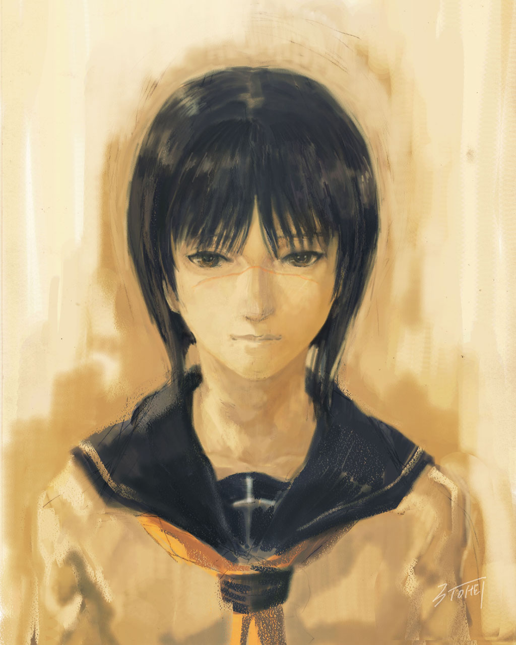 santouhei (3tohei), tsumura tokiko, busou renkin, highres, 00s, 1girl, black hair, blue sailor collar, bob cut, female focus, realistic, sailor collar, scar, school uniform, serafuku, short hair, solo, yellow eyes