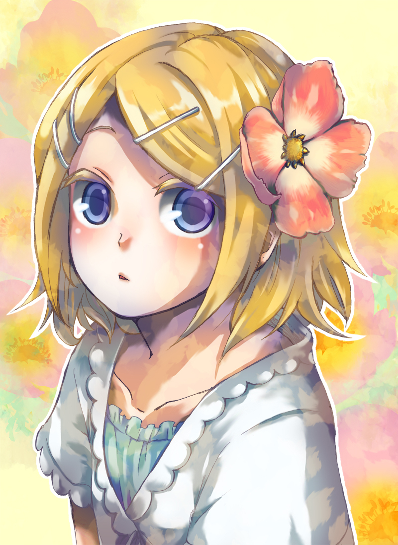 momen (6p6), kagamine rin, vocaloid, 1girl, blonde hair, blue eyes, female focus, flower, hair flower, hair ornament, hairclip, portrait, short hair, solo