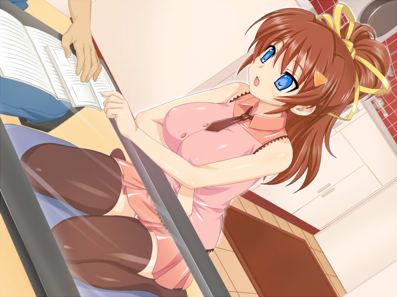 potato house, futakano, 1boy, blue eyes, book, brown hair, desk, glass table, kitchen, ponytail, table, thighhighs, tiles