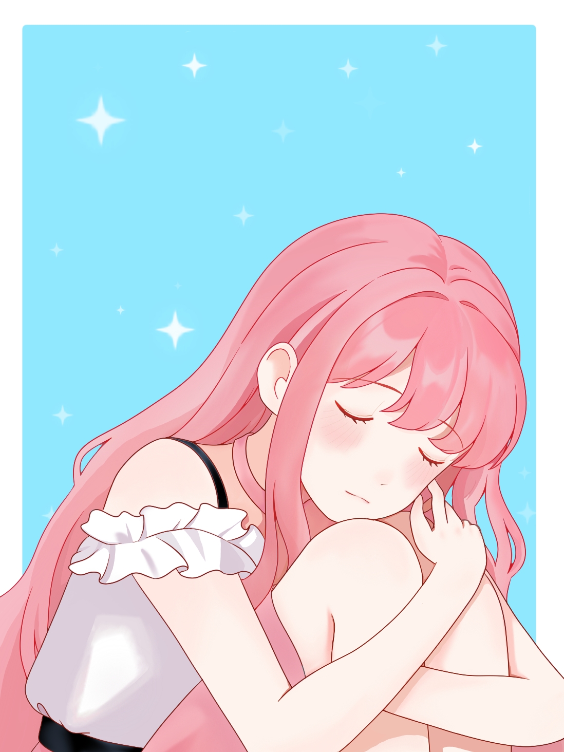 nikki (nikki), perfect start (infinity nikki), infinity nikki, nikki (series), chinese commentary, commentary request, highres, 1girl, bare arms, bare legs, blue background, blunt bangs, border, bra strap, choker, closed eyes, closed mouth, cowboy shot, dot nose, expressionless, eyelashes, fetal position, frilled sleeves, frills, hair intakes, hair undone, hugging own legs, light blush, long hair, long sidelocks, medium skirt, mofei (xinjinjumin201230878497), off-shoulder shirt, off shoulder, outside border, pink choker, pink hair, pink skirt, pleated skirt, shirt, short sleeves, sidelocks, simple background, skirt, solo, sparkle, very long hair, wavy hair, white border, white shirt