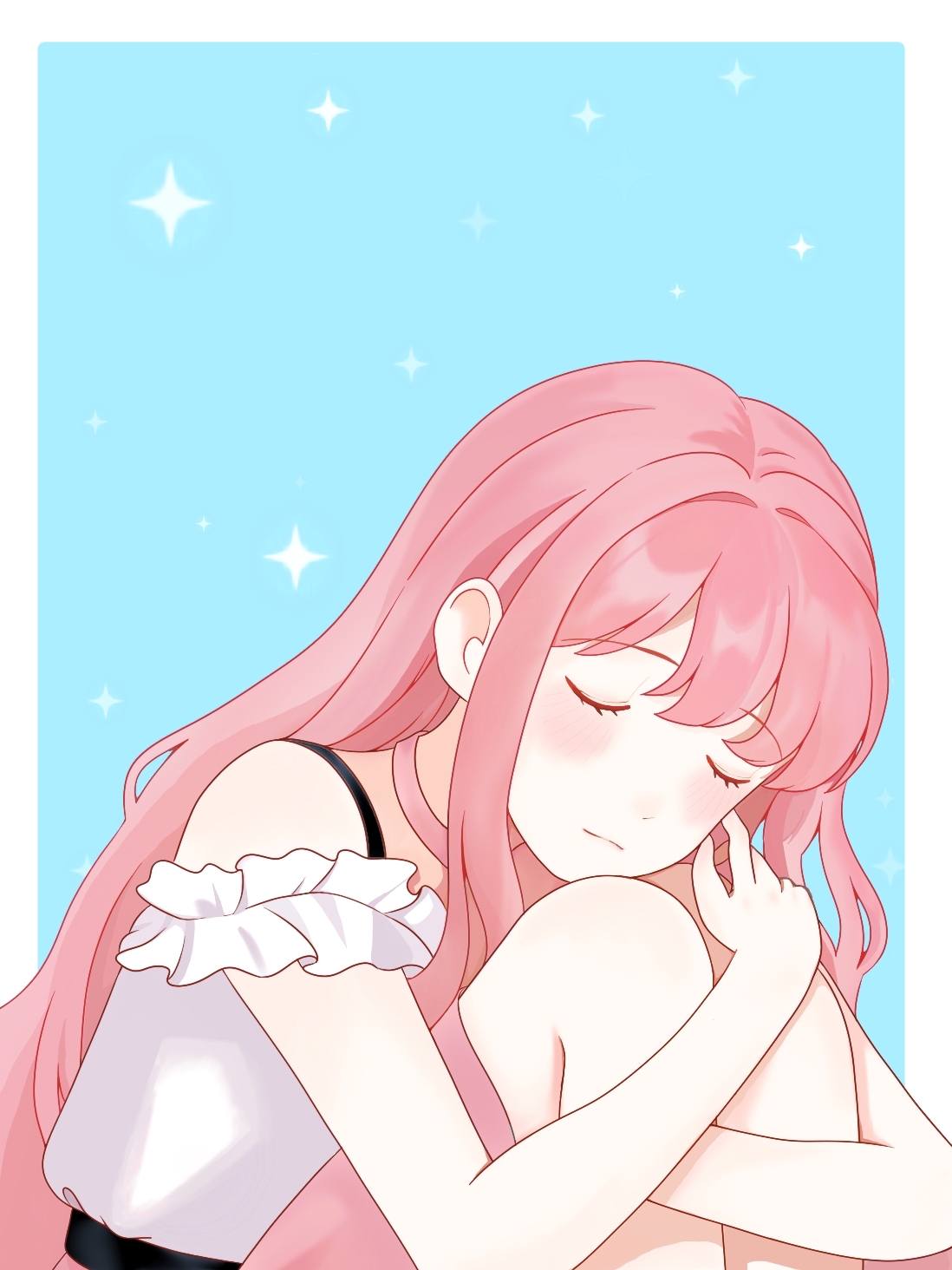 nikki (nikki), perfect start (infinity nikki), infinity nikki, nikki (series), chinese commentary, commentary request, highres, 1girl, bare arms, bare legs, blue background, blunt bangs, border, bra strap, choker, closed eyes, closed mouth, cowboy shot, dot nose, expressionless, eyelashes, fetal position, frilled sleeves, frills, hair intakes, hair undone, hugging own legs, light blush, long hair, long sidelocks, medium skirt, mofei (xinjinjumin201230878497), off-shoulder shirt, off shoulder, outside border, pink choker, pink hair, pink skirt, pleated skirt, shirt, short sleeves, sidelocks, simple background, skirt, solo, sparkle, very long hair, wavy hair, white border, white shirt