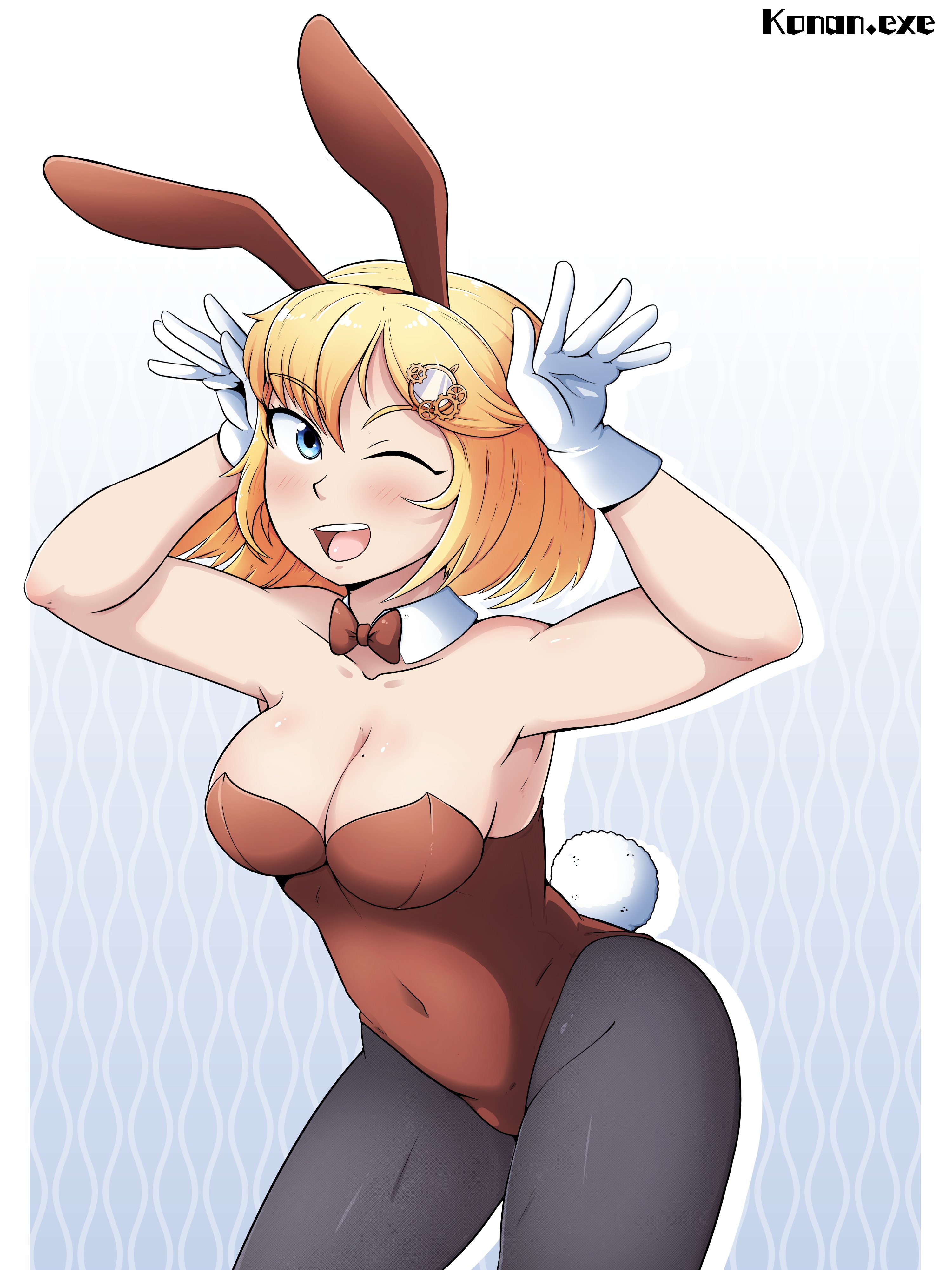 konan exe, watson amelia, hololive, hololive english, 1girl, animal ears, arms up, bare shoulders, black pantyhose, blonde hair, blue background, blue eyes, bow, bowtie, breasts, brown bow, brown bowtie, brown leotard, collar, collarbone, cowboy shot, detached collar, female focus, gloves, gradient background, large breasts, leaning forward, leotard, medium hair, mole, mole on breast, one eye closed, open mouth, pantyhose, playboy bunny, rabbit ears, rabbit tail, simple background, smile, solo, standing, strapless, strapless leotard, tail, teeth, tongue, two-tone background, upper teeth only, virtual youtuber, white background, white collar, white gloves