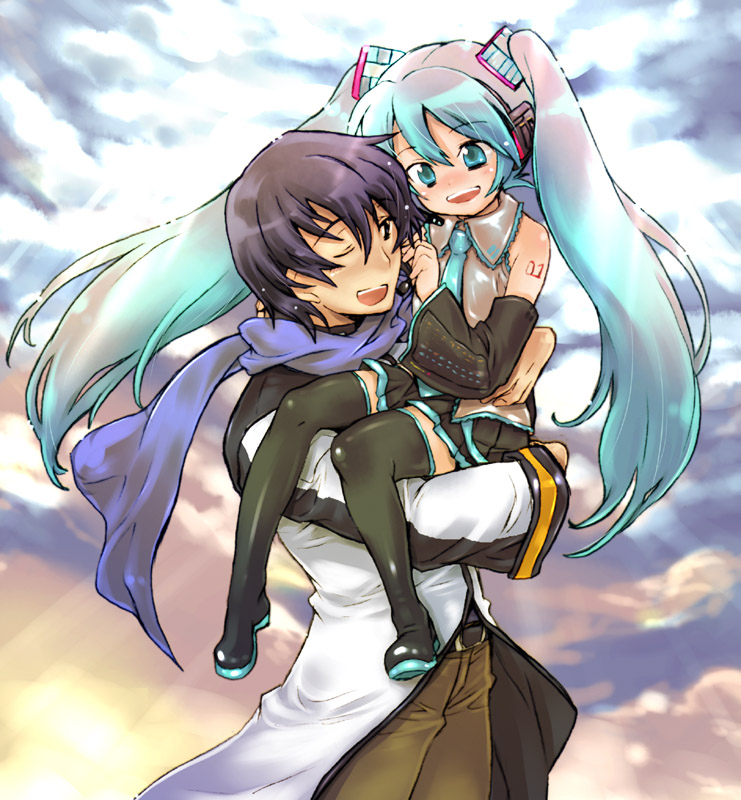james hotate, hatsune miku, kaito (vocaloid), vocaloid, 1boy, 1girl, aged down, aqua eyes, aqua hair, blue eyes, blue hair, blue scarf, blush, detached sleeves, holding, legs, long hair, necktie, scarf, short hair, skirt, smile, thighhighs, twintails, wings, zettai ryouiki