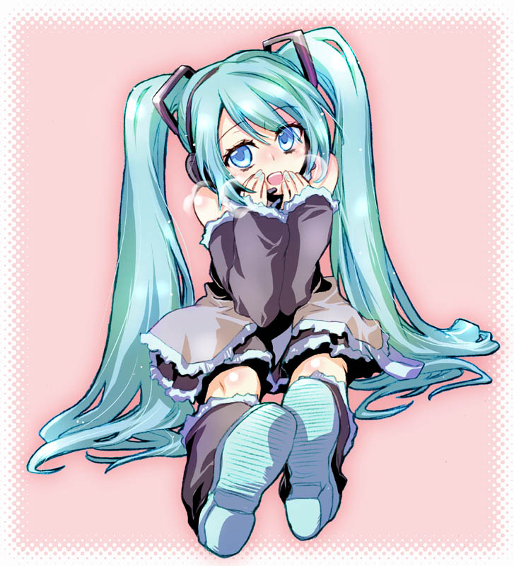 james hotate, hatsune miku, vocaloid, 1girl, :d, aqua eyes, aqua hair, aqua nails, blue eyes, blush, body blush, boots, border, breath, detached sleeves, female focus, halftone, hand to own mouth, headphones, headset, leg warmers, long hair, looking at viewer, nail polish, necktie, open mouth, pink background, sitting, skirt, smile, solo, twintails, very long hair