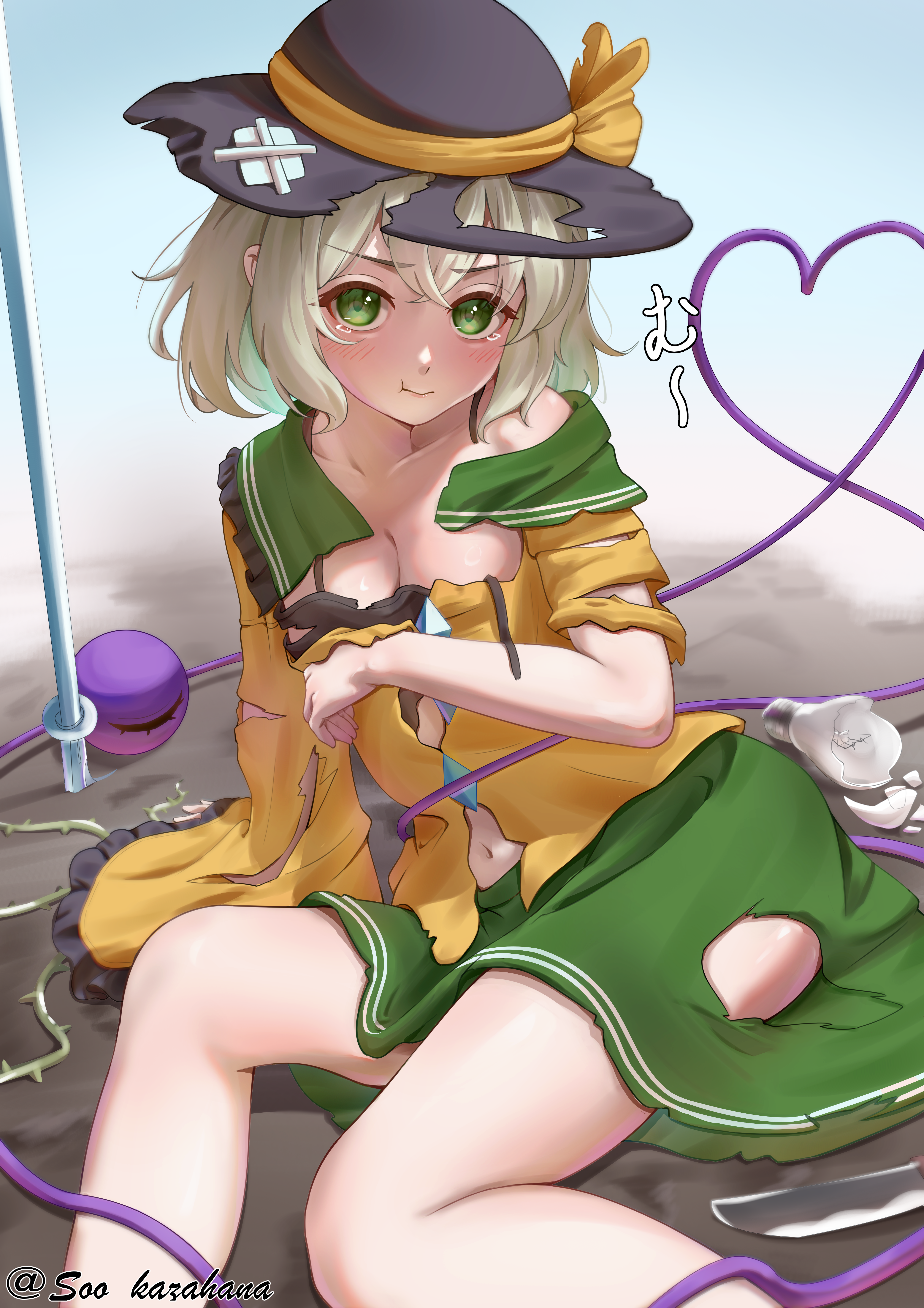 soo kazahana, komeiji koishi, touhou, absurdres, commentary request, highres, translation request, 1girl, black camisole, black hat, blush, breasts, buttons, camisole, cleavage, closed mouth, covering breasts, covering privates, crossed bandaids, defeat, diamond button, eyeball, frilled sleeves, frills, green eyes, green hair, green skirt, hat, hat ribbon, heart, heart of string, light bulb, long sleeves, looking at viewer, navel, plant, pout, ribbon, shirt, skirt, solo, tearing up, third eye, thorns, torn camisole, torn clothes, torn shirt, torn skirt, twitter username, vines, wide sleeves, yellow ribbon, yellow shirt