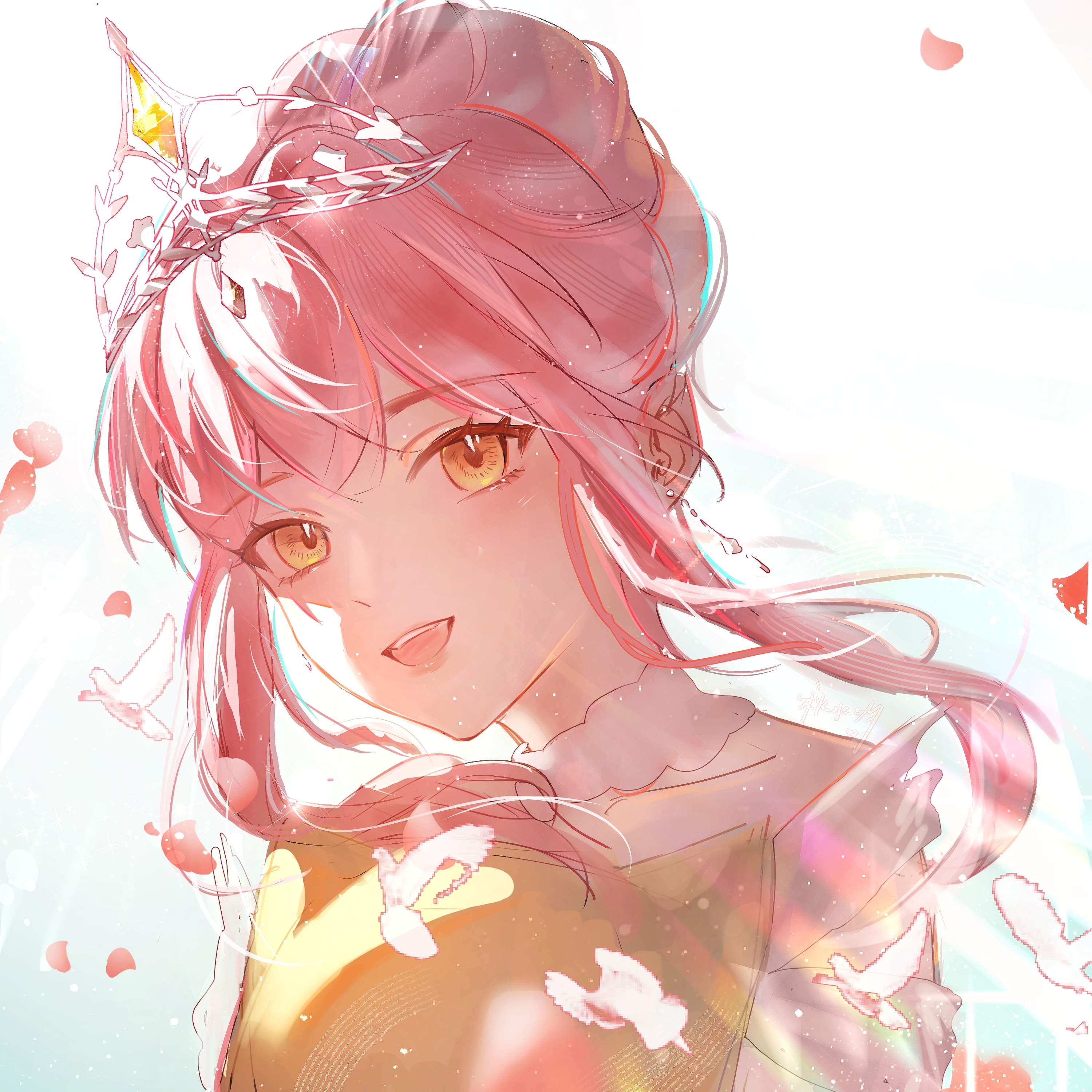 nikki (nikki), infinity nikki, nikki (series), absurdres, chinese commentary, commentary request, highres, 1girl, armor, bare shoulders, bird, blue sky, breastplate, brown eyes, choker, clothing cutout, collarbone, day, dove, dress, eyelashes, floating hair, hair bun, happy, lace, lace choker, light blush, light particles, light rays, looking at viewer, melody bloom (infinity nikki), open mouth, outdoors, petals, pink hair, qiushui xi, short hair with long locks, short sleeves, shoulder cutout, sidelocks, single hair bun, sky, smile, solo, teeth, tiara, updo, upper body, upper teeth only, white choker, white dress