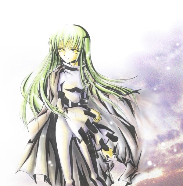 hayase, hayase mikado, c.c., code geass, 00s, 1girl, female focus, green hair, long hair, solo, straitjacket, yellow eyes