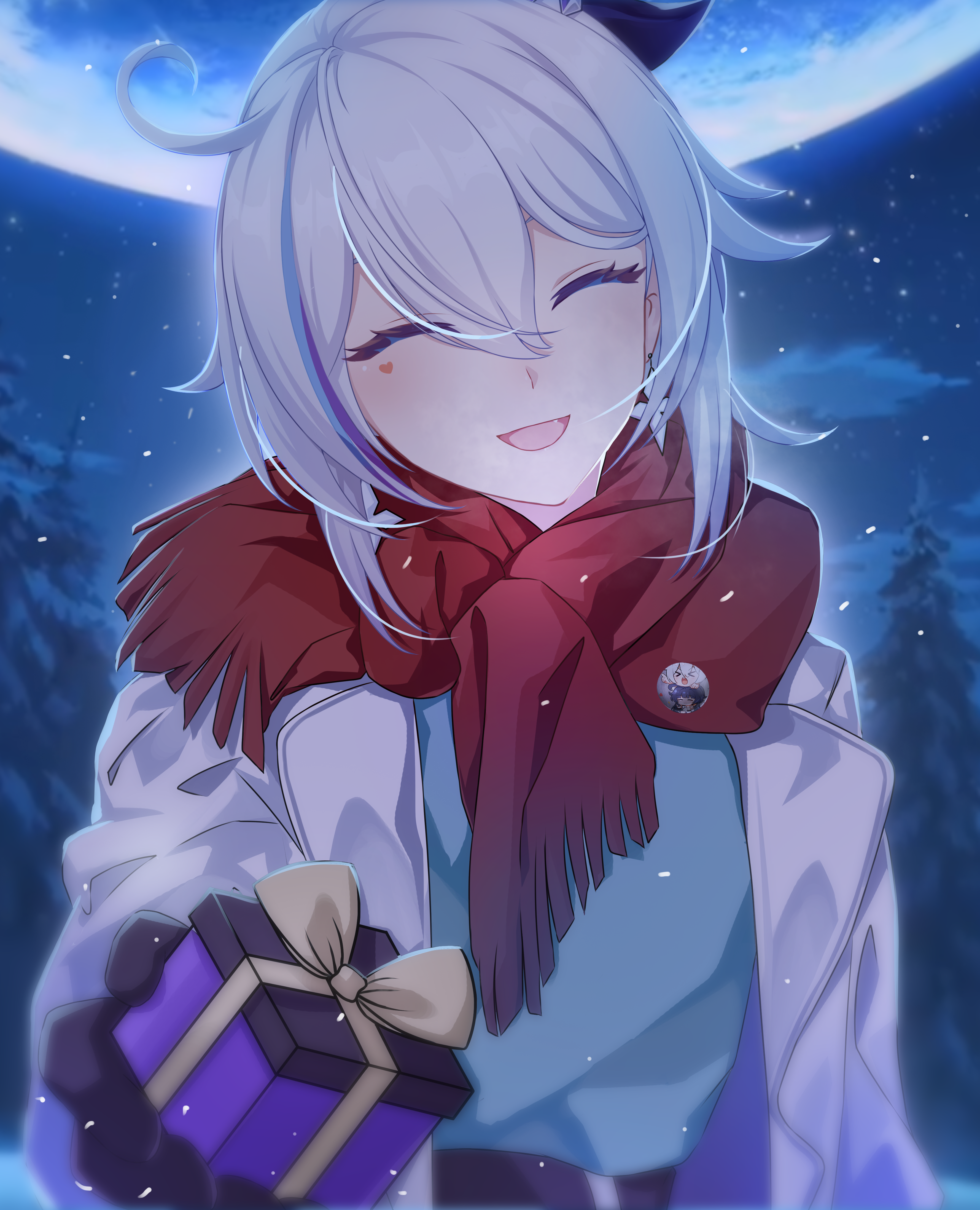 m78 zaitaoaotezhanshi, kiana kaslana, honkai (series), honkai impact 3rd, absurdres, commentary request, highres, 1girl, alternate costume, blue shirt, box, closed eyes, earrings, facing viewer, gift, gift box, hair between eyes, heart, heart sticker, holding, holding gift, jacket, jewelry, long hair, open mouth, outdoors, red scarf, scarf, shirt, smile, solo, sticker, sticker on face, upper body, white hair, white jacket