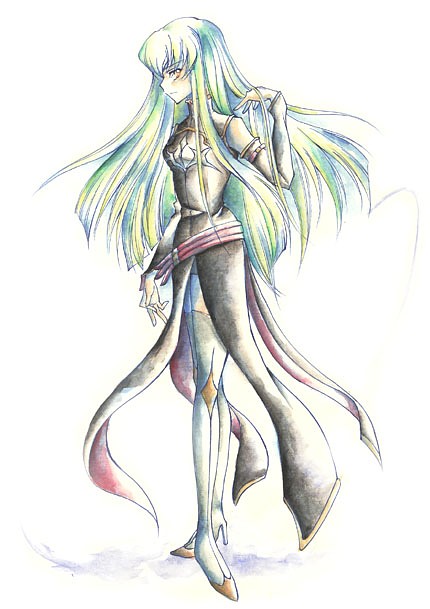 hayase, hayase mikado, c.c., code geass, 00s, 1girl, detached sleeves, female focus, green hair, long hair, solo, thighhighs, yellow eyes