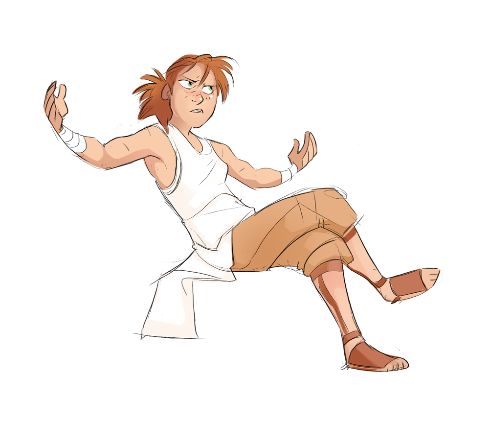 original, commentary, english commentary, 1girl, annoyed, bandages, breasts, brown pants, brown sandals, full body, greekceltic, green eyes, jacky (greekceltic), medium hair, orange hair, pants, ponytail, sandals, simple background, sitting, solo, tank top, white background, white tank top, wristband