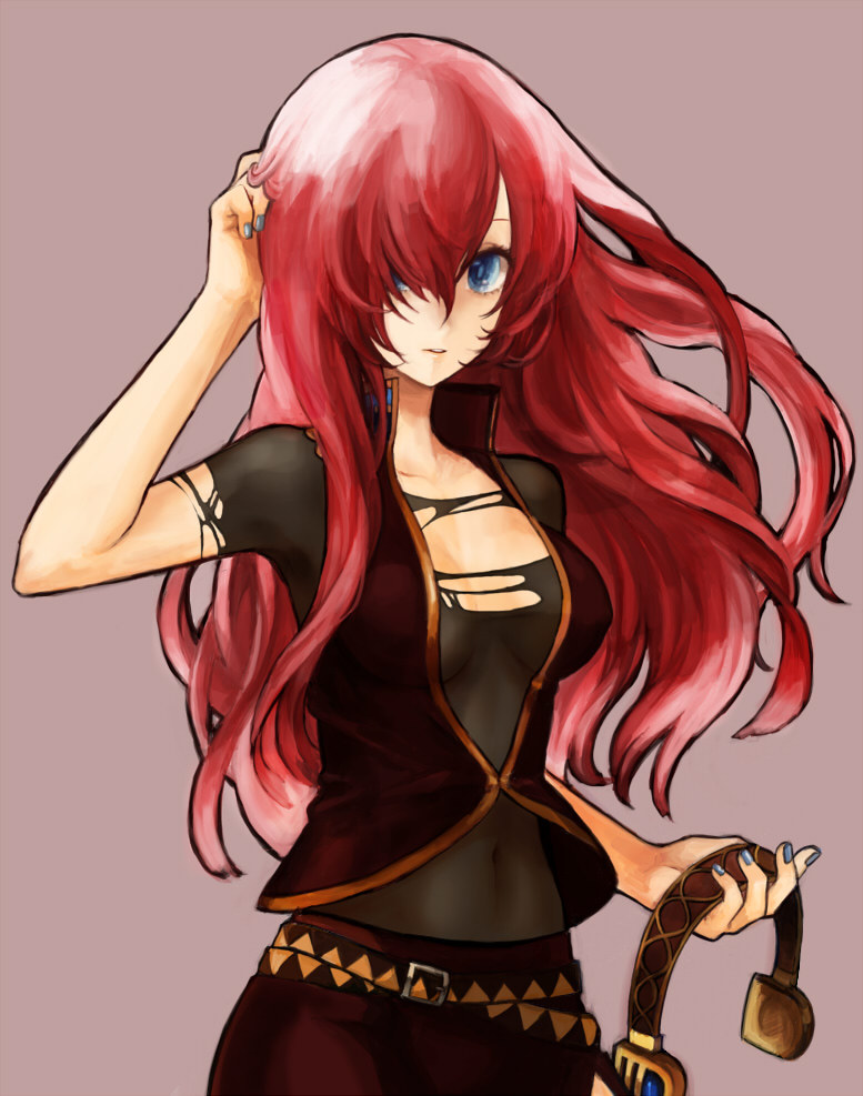 michi ta (masquerade), megurine luka, vocaloid, 1girl, blue eyes, blue nails, female focus, long hair, nail polish, pink hair, simple background, solo, torn clothes