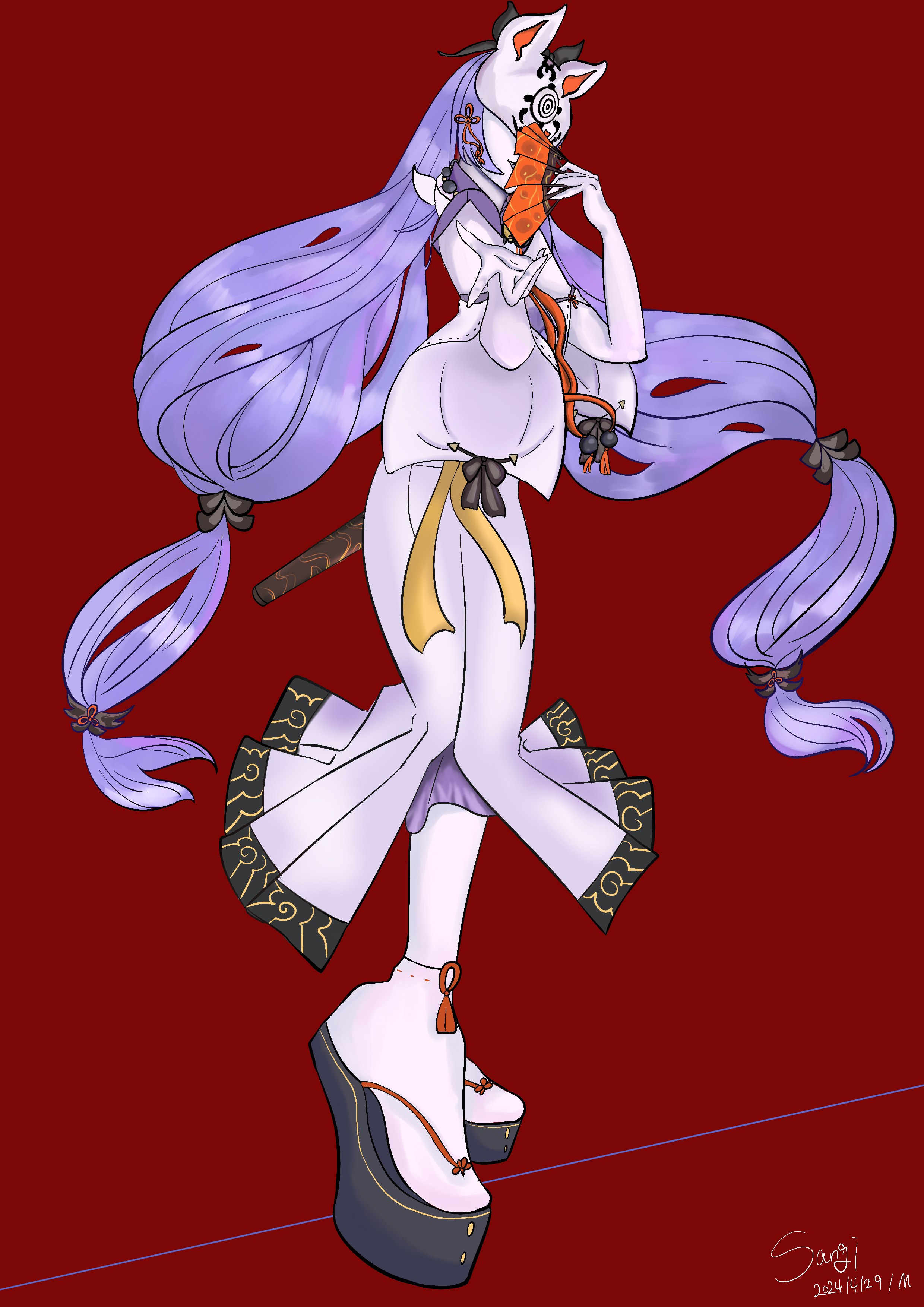 kuzunoha (grimms notes), grimms notes, artist request, 1girl, artist name, covered eyes, dated, fox mask, full body, hands up, japanese clothes, long hair, mask, open mouth, purple hair, red background, smile, solo, very long hair