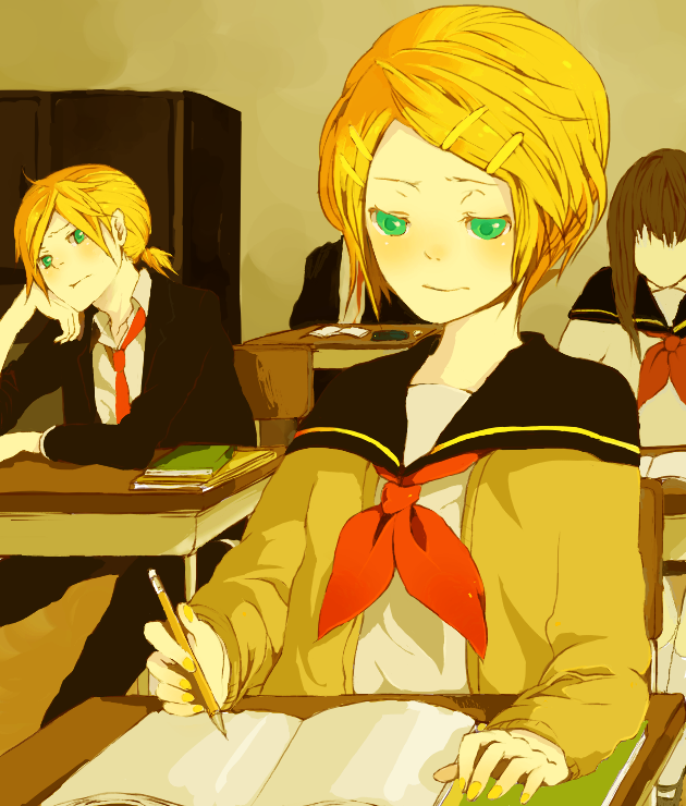 hanoya, kagamine len, kagamine rin, vocaloid, 1boy, 1girl, blonde hair, brother and sister, green eyes, hair ornament, hairclip, necktie, pen, red necktie, school, school uniform, short hair, siblings, sitting, twins