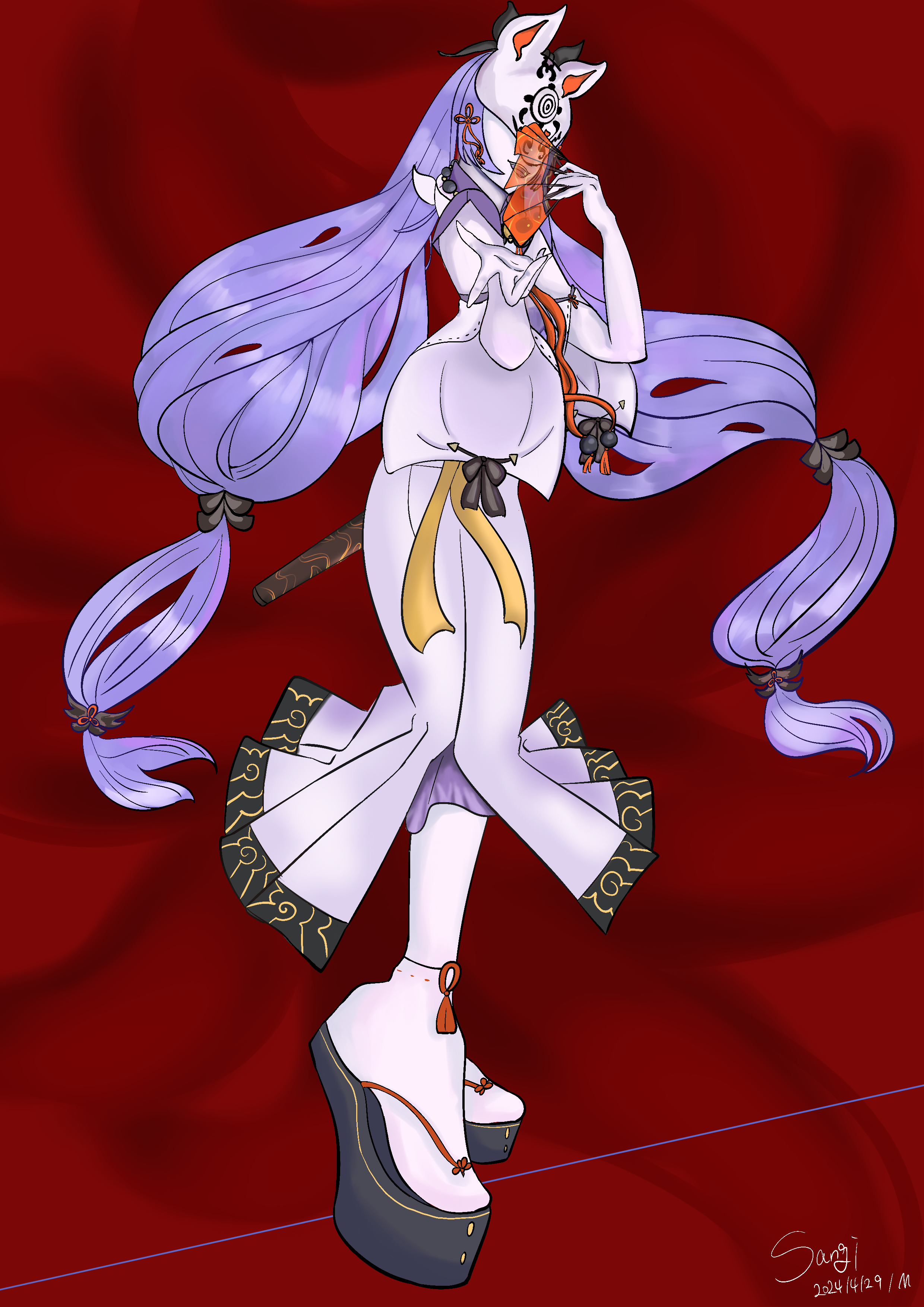 kuzunoha (grimms notes), grimms notes, artist request, 1girl, artist name, covered eyes, dated, fox mask, full body, hands up, japanese clothes, long hair, mask, open mouth, purple hair, red background, smile, solo, very long hair