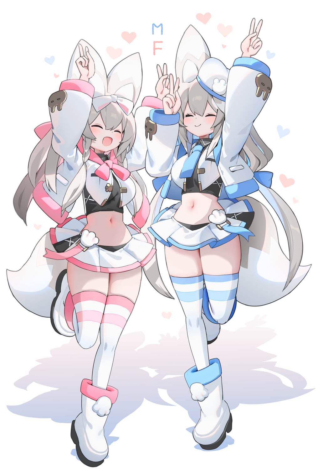 mamuru, original, 2girls, animal ears, closed eyes, fox ears, fox girl, fox tail, multiple girls, simple background, tail, white background