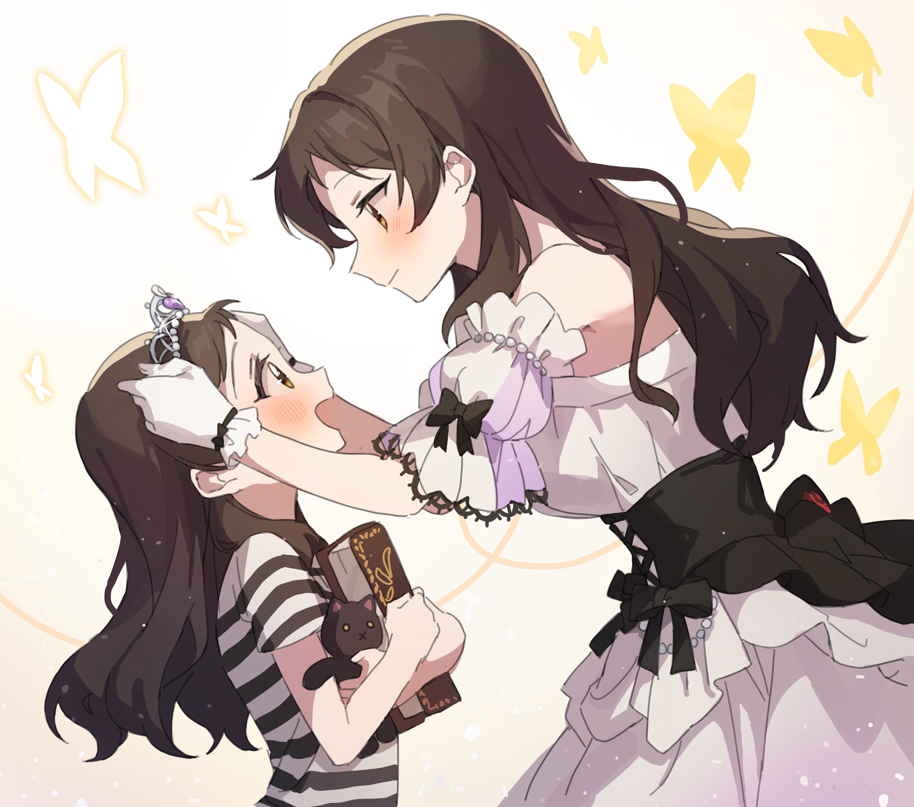 hano9789, kitazawa shiho, kitazawa shiho (princess story), idolmaster, idolmaster million live!, idolmaster million live! theater days, absurdres, commentary request, highres, korean commentary, 2girls, aged down, blush, book, breasts, brown eyes, brown hair, bug, butterfly, closed mouth, detached sleeves, dress, dual persona, eye contact, from side, golden butterfly, holding, holding book, holding stuffed toy, insect, long hair, looking at another, multiple girls, open mouth, profile, puffy detached sleeves, puffy sleeves, shirt, striped clothes, striped shirt, stuffed animal, stuffed cat, stuffed toy, tiara, white dress