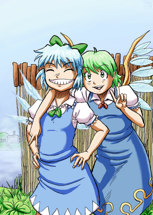 ragathol, cirno, daiyousei, touhou, 2girls, blue hair, bow, fairy, green eyes, green hair, grin, multiple girls, short hair, smile, v, wings