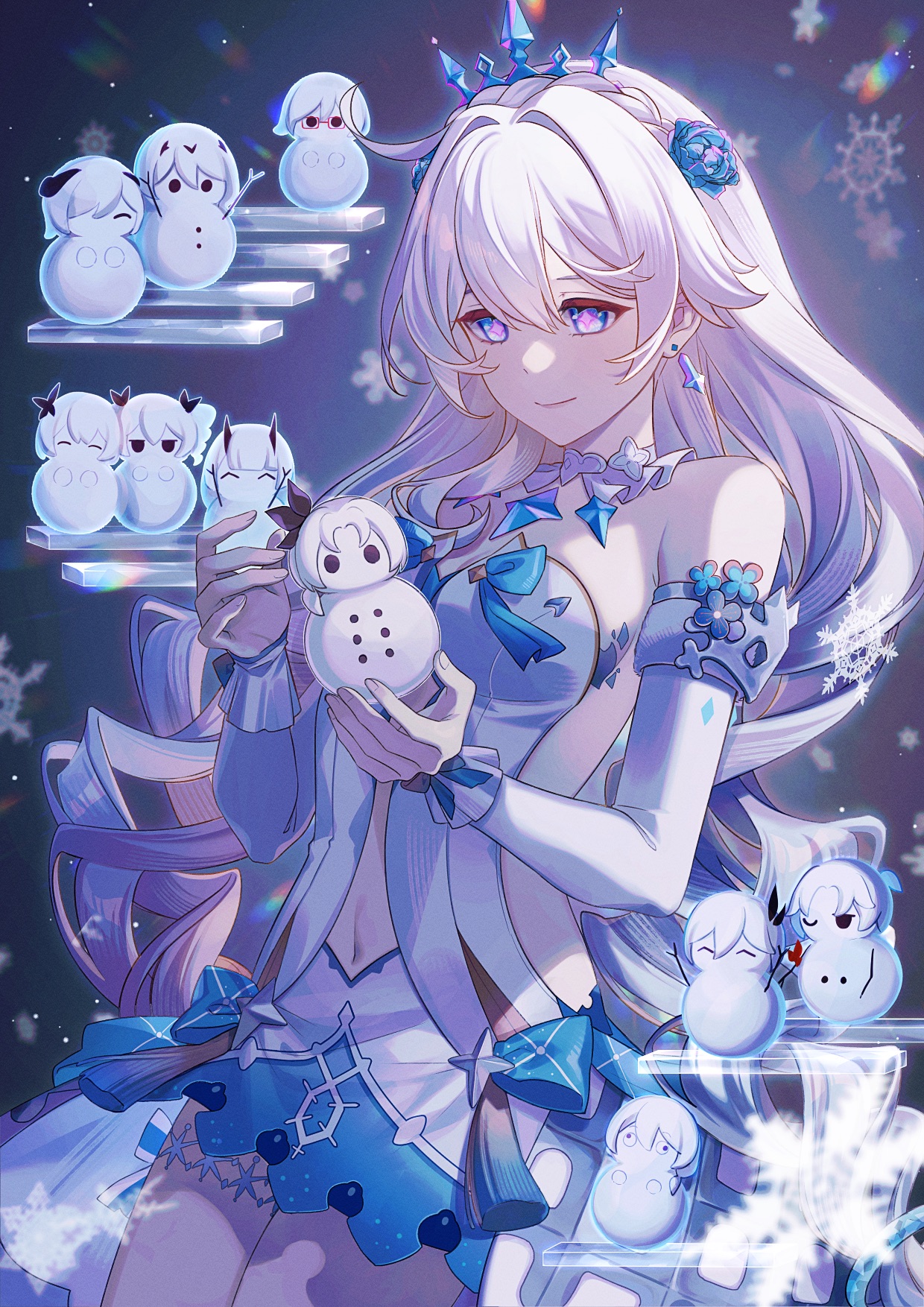 tana (tanabio), bronya zaychik, fu hua, kiana kaslana, kiana kaslana (ba-dum! fiery wishing star), kiana kaslana (wintery wishes), murata himeko, raiden mei, theresa apocalypse, honkai (series), honkai impact 3rd, character snowman, character request, commentary, english commentary, highres, 1girl, bare shoulders, blue eyes, blue tiara, breasts, closed mouth, dress, earrings, flower, hair between eyes, hair flower, hair intakes, hair ornament, hands up, jewelry, long hair, looking at object, medium breasts, meme, navel, purple pupils, smile, solo, star-shaped pupils, star (symbol), symbol-shaped pupils, teri derp (meme), white dress, white hair