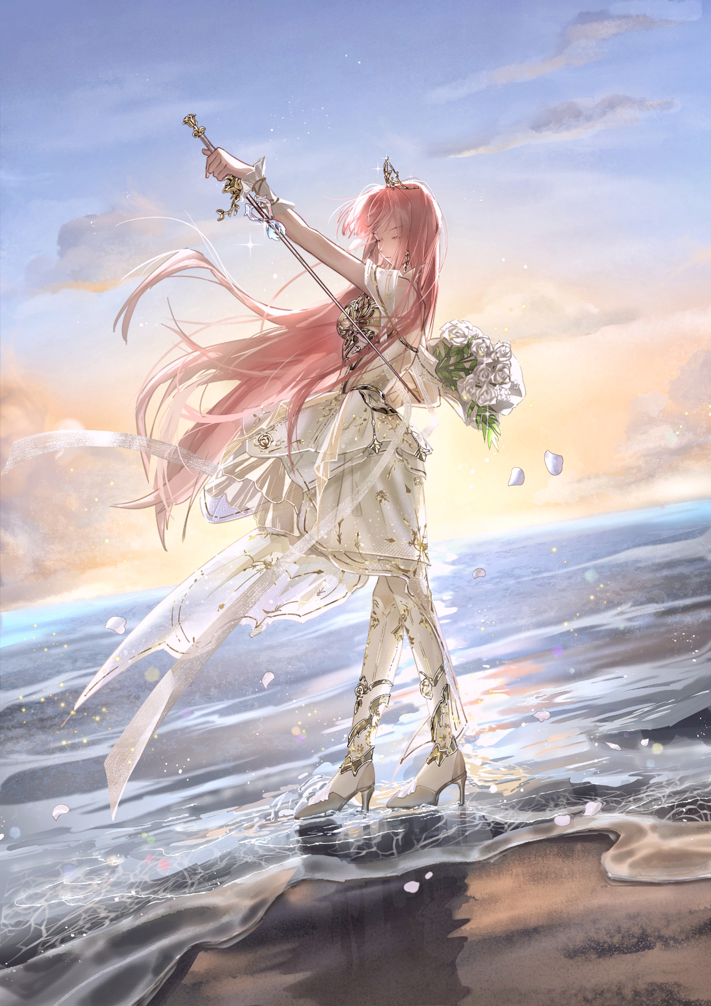 miyouer, nikki (nikki), infinity nikki, nikki (series), absurdres, chinese commentary, commentary request, highres, 1girl, armor, backlighting, bare shoulders, blue sky, boots, bouquet, breastplate, closed eyes, closed mouth, cloud, coattails, dress, earrings, expressionless, falling petals, fighting stance, floating clothes, floating hair, flower, frilled dress, frilled wrist cuffs, frills, full body, gradient sky, hair down, high heel boots, high heels, holding, holding behind back, holding bouquet, holding sword, holding weapon, jewelry, light particles, long hair, medium dress, melody bloom (infinity nikki), ocean, off-shoulder dress, off shoulder, orange sky, outdoors, petals, pink hair, pleated dress, poleyn, rapier, ribbon, rose, rose petals, shadow, shore, short sleeves, sky, socks, solo, standing, sun, sunset, sword, thighhighs, tiara, very long hair, weapon, white boots, white dress, white flower, white ribbon, white rose, white socks, white wrist cuffs, wind, wrist cuffs