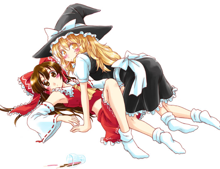 nal=ask, nal ask, naru asuku, hakurei reimu, kirisame marisa, touhou, bad id, bad pixiv id, 2girls, blonde hair, bow, braid, brown hair, detached sleeves, female focus, food, hat, japanese clothes, long hair, miko, multiple girls, pocky, witch, witch hat, yellow eyes, yuri