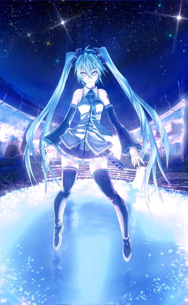 kasoku sato, hatsune miku, vocaloid, 1girl, aqua eyes, aqua hair, detached sleeves, female focus, full body, legs, long hair, necktie, night, outdoors, skirt, sky, solo, thighhighs, twintails, very long hair, zettai ryouiki