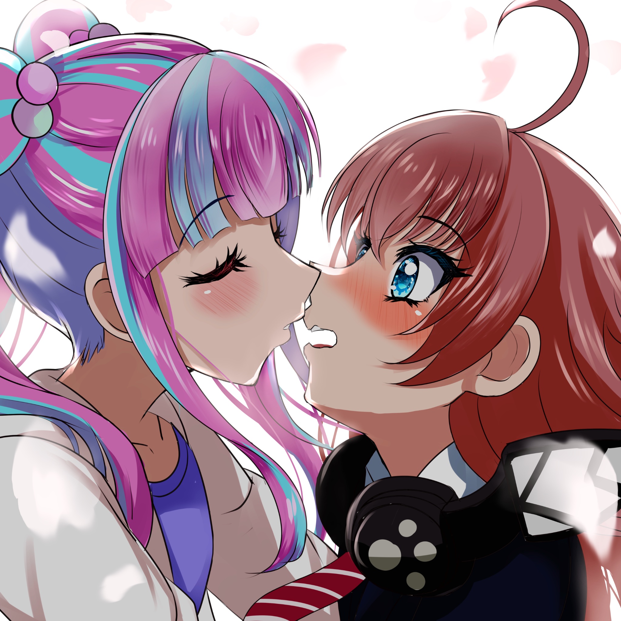 mito youki, nyubara reona, tamade chiyu, bang dream!, commentary, highres, 2girls, ahoge, blue eyes, blue hair, blush, closed eyes, headphones, headphones around neck, imminent kiss, long hair, multicolored hair, multiple girls, open mouth, pink hair, red hair, twintails, two-tone hair, yuri