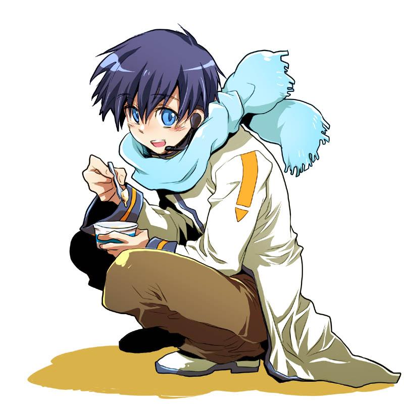 james hotate, kaito (vocaloid), vocaloid, 1boy, blue eyes, blue hair, blue scarf, food, headset, ice cream, male focus, matching hair/eyes, scarf, short hair, smile, solo, squatting