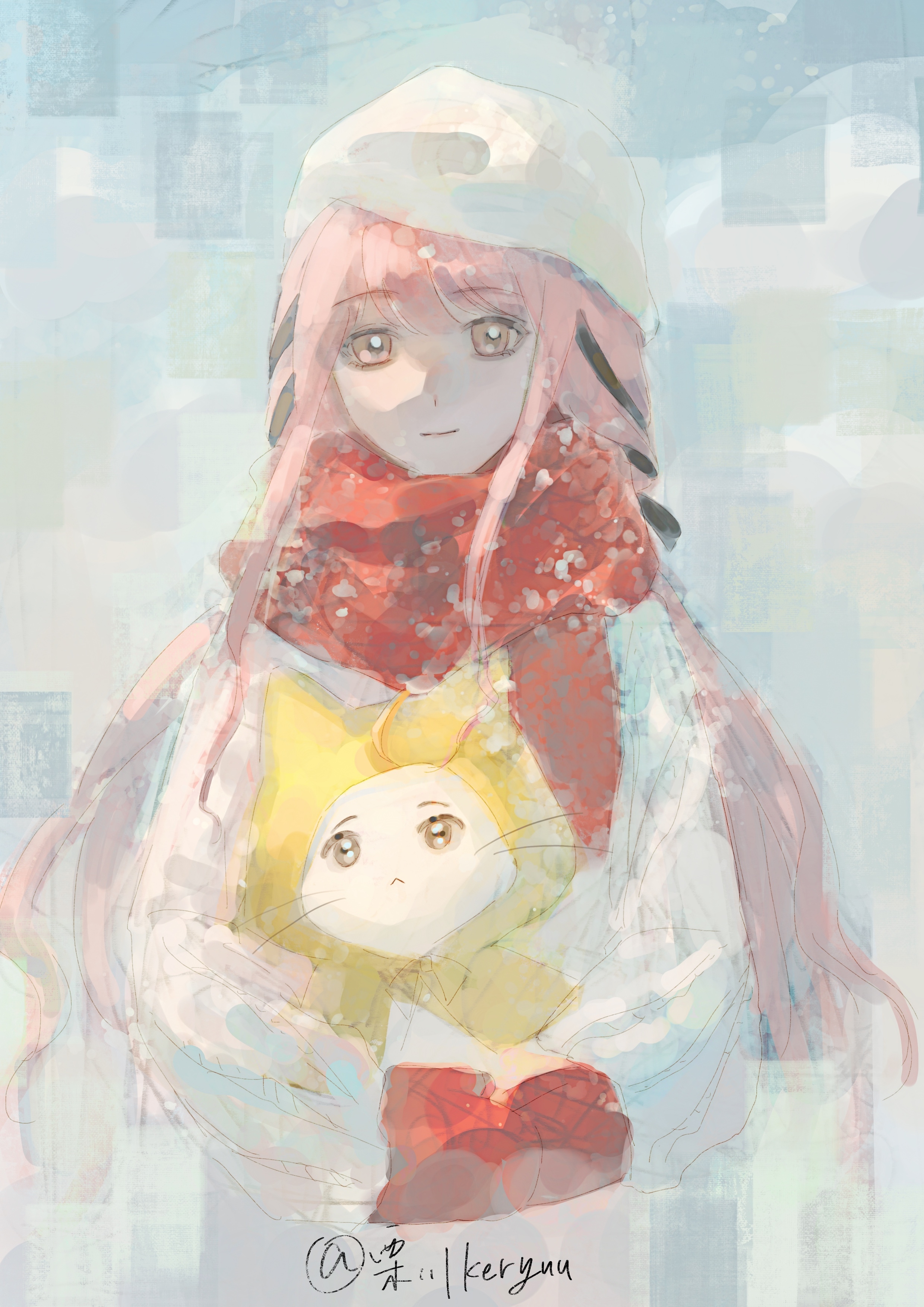 momo (nikki), nikki (nikki), infinity nikki, nikki (series), absurdres, chinese commentary, commentary request, highres, 1girl, :<, ahoge, animal, beanie, black bow, black ribbon, blue background, blunt bangs, bow, brown eyes, cat, cloak, closed mouth, clothed animal, cowboy shot, dot nose, ear covers, expressionless, eyelashes, frown, hair bow, hair ribbon, happy, hat, holding, holding animal, holding cat, hood, hood up, hooded cloak, light smile, long hair, long sidelocks, long sleeves, low twintails, mittens, pink hair, puffy long sleeves, puffy sleeves, red mittens, red scarf, ribbon, scarf, sidelocks, sketch, snow, standing, straight-on, sweater, tress ribbon, twintails, very long hair, vikiyas, wavy hair, whiskers, white cat, white hat, white sweater, winter clothes, yellow cloak