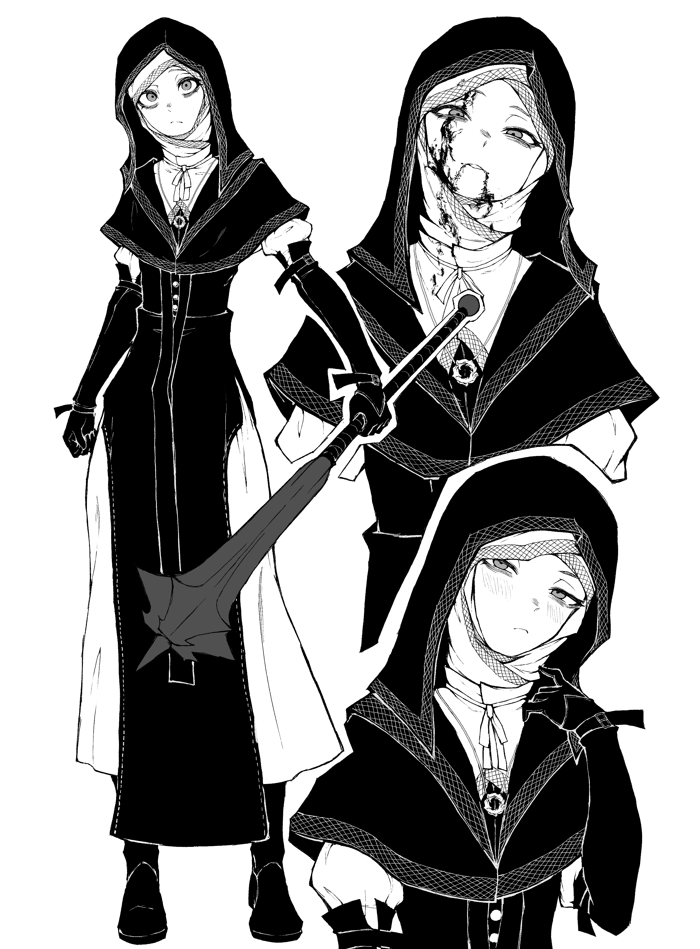 kekel, undertaker (elden ring), elden ring, elden ring nightreign, absurdres, highres, 1girl, black boots, black capelet, black gloves, black hood, blood, blood on face, boots, capelet, elbow gloves, flanged mace, gloves, greyscale, holding, holding mace, holding weapon, jewelry, looking at viewer, looking down, mace, monochrome, multiple views, necklace, nun, standing, weapon, white coif