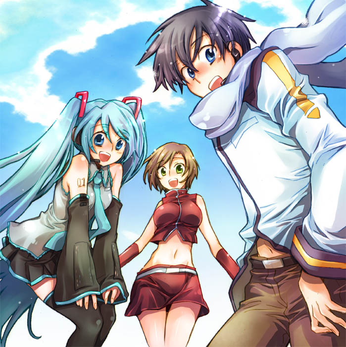 james hotate, hatsune miku, kaito (vocaloid), meiko (vocaloid), vocaloid, 1boy, 2girls, aqua eyes, aqua hair, blue eyes, blue hair, blue scarf, brown hair, detached sleeves, green eyes, headphones, headset, long hair, midriff, multiple girls, navel, necktie, scarf, short hair, skirt, smile, thighhighs, twintails, zettai ryouiki
