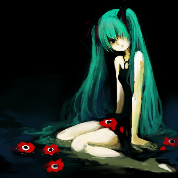 fuwata, hatsune miku, vocaloid, bad id, bad pixiv id, 1girl, aqua hair, black background, blue eyes, female focus, flower, full body, hair over one eye, long hair, sitting, solo, twintails, very long hair, wariza, water