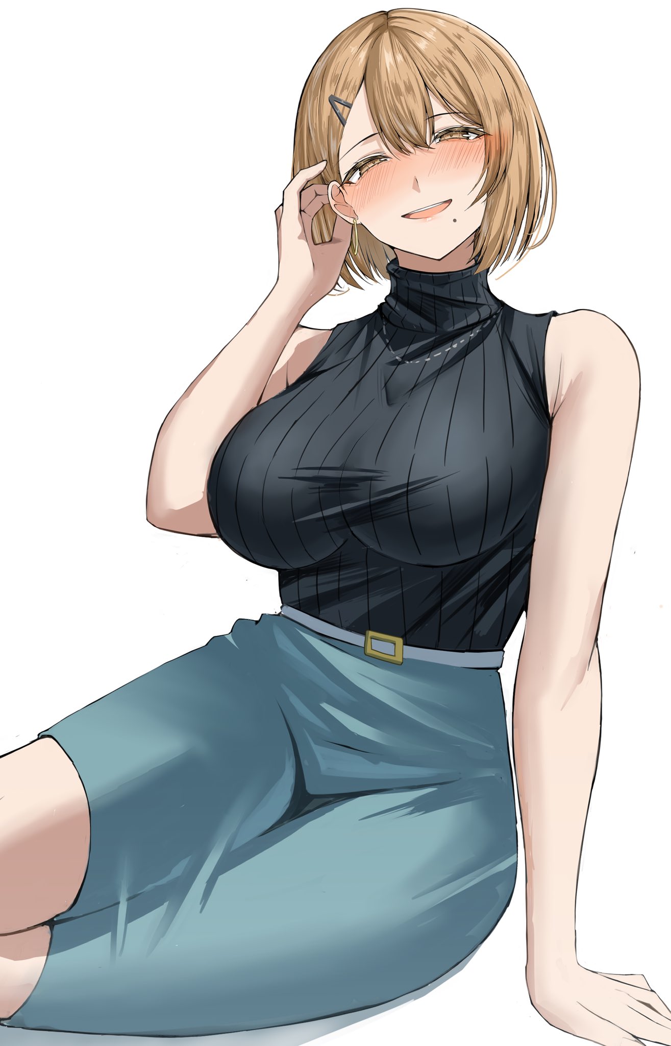 kei8987, original, commentary request, highres, 1girl, adjusting hair, aqua skirt, arm support, bare arms, bare shoulders, belt, black sweater, blush, breasts, brown eyes, brown hair, large breasts, looking at viewer, mole, mole under mouth, open mouth, ribbed sweater, short hair, simple background, sitting, skirt, sleeveless, sleeveless sweater, smile, solo, sweater, sweater tucked in, turtleneck, turtleneck sweater, white background, white belt