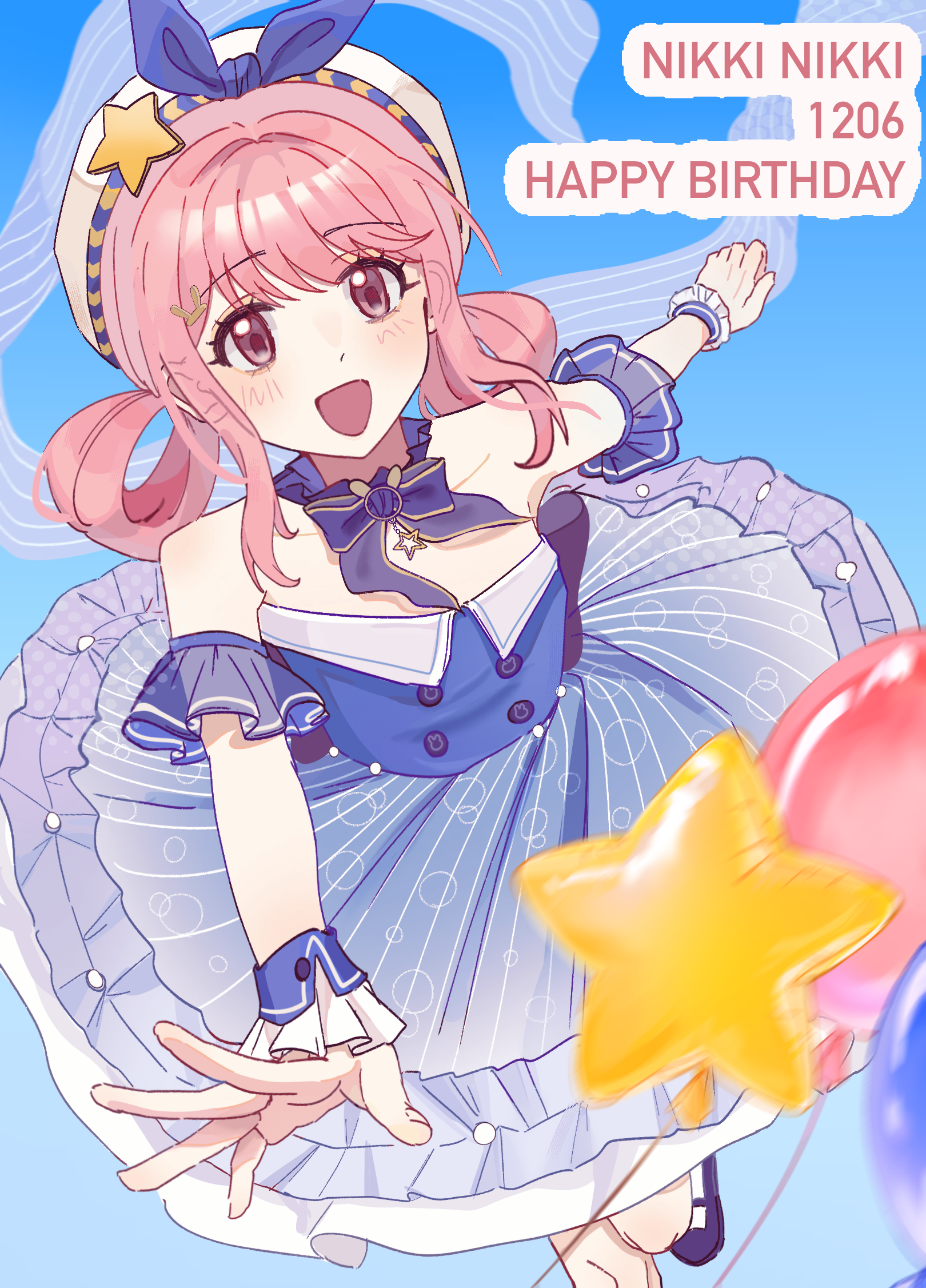 bubbly voyage (infinity nikki), nikki (nikki), infinity nikki, nikki (series), commentary request, highres, 1girl, back bow, balloon, bare shoulders, beads, beret, blue bow, blue bowtie, blue choker, blue dress, blue shoes, blue sky, blue sleeves, blue wrist cuffs, bow, bow choker, bowtie, brown eyes, bubble print, buttons, character name, choker, circle skirt, collared dress, dated, day, detached sleeves, dot nose, dress, english text, eyelashes, floating, floating clothes, foot out of frame, frilled choker, frilled dress, frilled wrist cuffs, frills, hair intakes, hair ornament, hair rings, hairclip, happy, happy birthday, hat, hat bow, hat ornament, hualishu12455, leg up, light blush, mary janes, medium dress, medium hair, open mouth, outdoors, outstretched arms, pink hair, pleated dress, pleated sleeves, print dress, rabbit hair ornament, see-through clothes, see-through sleeves, shoes, sidelocks, sky, smile, socks, solo, star (symbol), star balloon, star choker, star hat ornament, strapless, strapless dress, striped bow, tareme, wavy hair, white hat, white socks, wrist cuffs