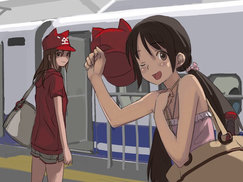 fuchida kazuhiro, original, bad id, bad pixiv id, brown eyes, brown hair, hat, twintails, wink