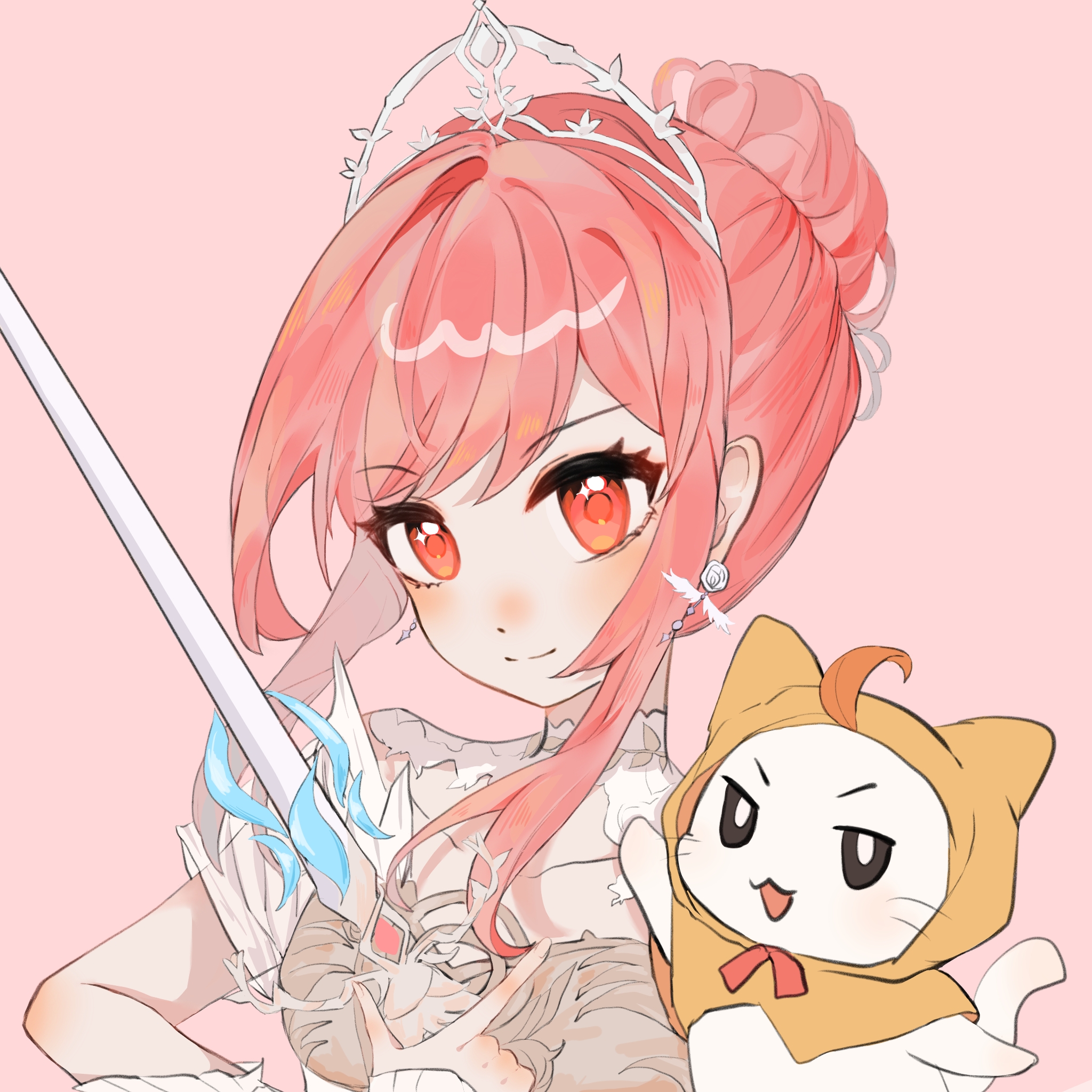 momo (nikki), nikki (nikki), infinity nikki, nikki (series), chinese commentary, commentary request, highres, 1girl, ahoge, animal, armor, bow, bowtie, breastplate, bright pupils, brown eyes, cat, cloak, closed mouth, clothed animal, collar, collarbone, detached collar, dot nose, dress, ear covers, earrings, eyelashes, feather earrings, feathers, fingernails, flower, flower earrings, frilled arm warmers, hair bun, hair intakes, hand on own hip, happy, holding, holding sword, holding weapon, hood, hood up, hooded cloak, jewelry, lace collar, light blush, looking at viewer, loose hair strand, melody bloom (infinity nikki), pink background, pink hair, red bow, red bowtie, rose, short hair with long locks, short sleeves, sidelocks, simple background, single hair bun, smile, sparkling eyes, sword, tiara, updo, upper body, v-shaped eyebrows, wavy hair, weapon, whiskers, white arm warmers, white cat, white collar, white dress, white flower, white pupils, white rose, wind, xianliqingkong, yellow cloak