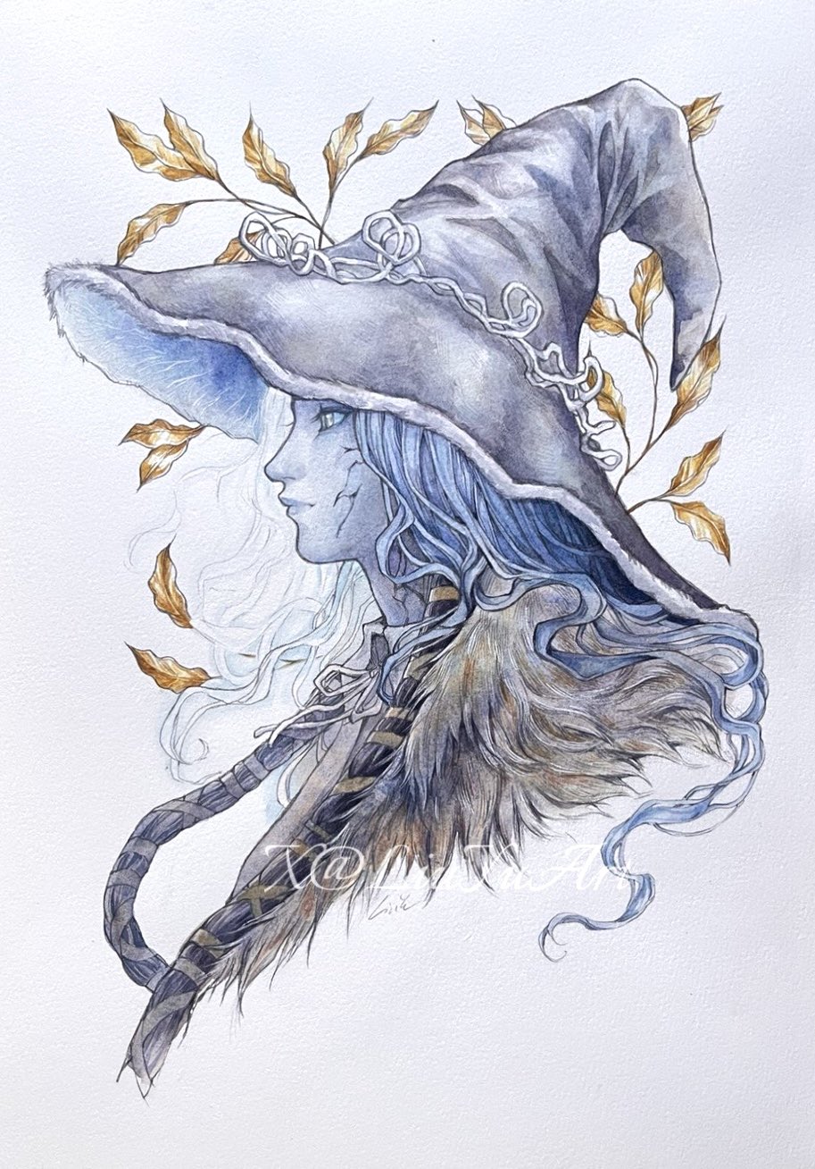 liuyuart, ranni the witch, elden ring, commentary, english commentary, highres, making-of available, painting (medium), traditional media, watercolor (medium), 1girl, blue eyes, blue hair, blue skin, cape, cloak, colored skin, cracked skin, falling leaves, from side, fur cape, hat, leaf, long hair, portrait, solo, twitter username, white background, witch, witch hat