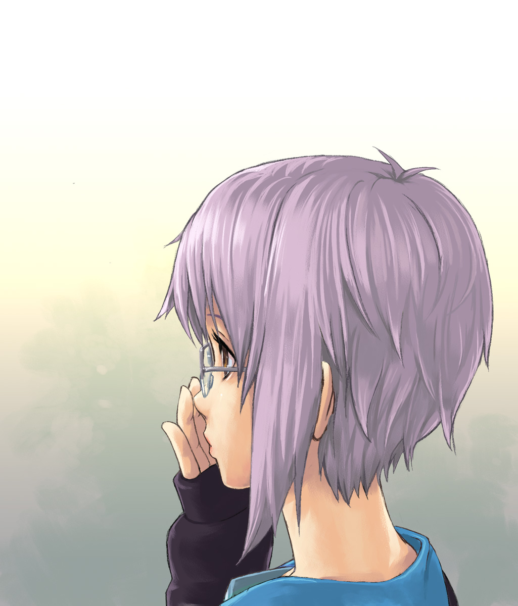 yuuji (and), nagato yuki, suzumiya haruhi no yuuutsu, bad id, bad pixiv id, highres, 00s, 1girl, adjusting eyewear, brown eyes, female focus, glasses, long sleeves, purple hair, short hair, sleeves past wrists, solo