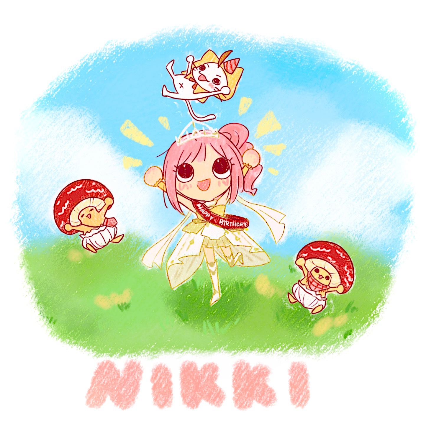 momo (nikki), nikki (nikki), infinity nikki, nikki (series), chinese commentary, commentary request, highres, 1girl, ahoge, armored boots, arms up, bare shoulders, birthday, black eyes, blue sky, blush stickers, boots, border, bow, bowtie, celebration, character name, chibi, cloak, cloud, coattails, collar, day, detached collar, dress, ear covers, eyelashes, eyes visible through hair, field, flower, frilled arm warmers, happy, happy birthday, hat, hood, hood up, hooded cloak, knee boots, leg up, long dress, looking at animal, medium hair, melody bloom (infinity nikki), mini party hat, mushroom, navel, notice lines, outdoors, over-kneehighs, pink hair, pink hat, ponytail, red bow, red bowtie, round border, shadow, shroomling (infinity nikki), sidelocks, skirt, skirt under dress, sky, socks, strapless, strapless dress, striped clothes, striped headwear, thighhighs, tiara, toon (style), two-tone dress, upturned eyes, wavy hair, whiskers, white boots, white border, white collar, white dress, yellow arm warmers, yellow cloak, yellow dress, yellow flower, yellow skirt, yellow socks, yezhi073
