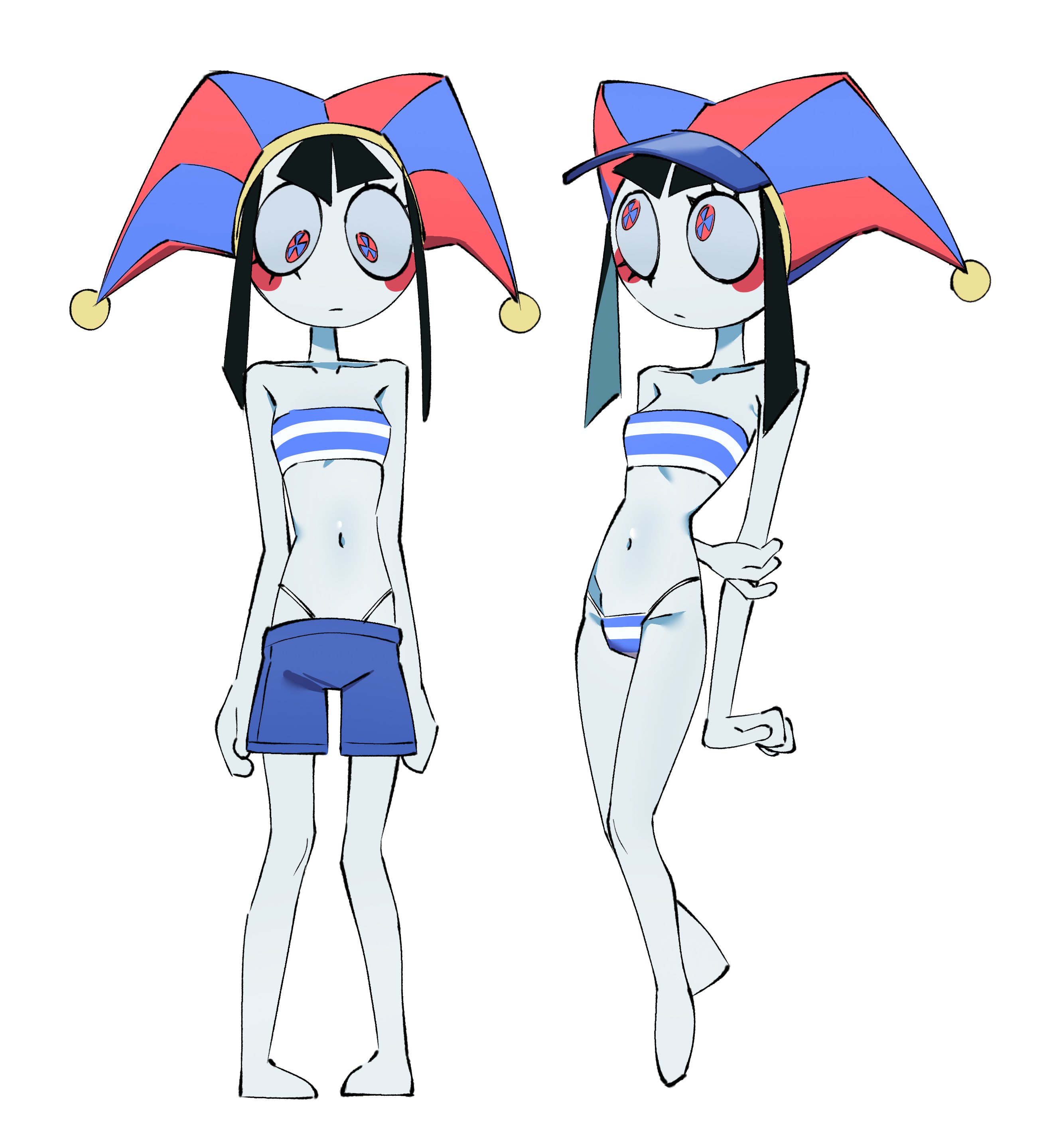 pomni (the amazing digital circus), the amazing digital circus, absurdres, highres, 1girl, :|, arms at sides, arms behind back, bandeau, bare shoulders, bikini, black hair, blue bandeau, blue bikini, blue eyes, blue hat, blue male swimwear, blue shorts, blush stickers, breasts, casto (csto0000), closed mouth, collarbone, colored skin, expressionless, eyelashes, full body, groin, hat, heel up, highleg, highleg bikini, holding own arm, jester cap, looking ahead, looking down, looking up, male swimwear, midriff, multicolored bikini, multicolored eyes, navel, pigeon-toed, pom pom (clothes), red eyes, red hat, shorts, sidelocks, simple background, small breasts, solo focus, standing, string bikini, striped bandeau, striped bikini, striped clothes, swim trunks, swimsuit, thigh gap, two-tone bandeau, two-tone bikini, two-tone eyes, two-tone hat, white background, white bandeau, white bikini, white skin, wide-eyed