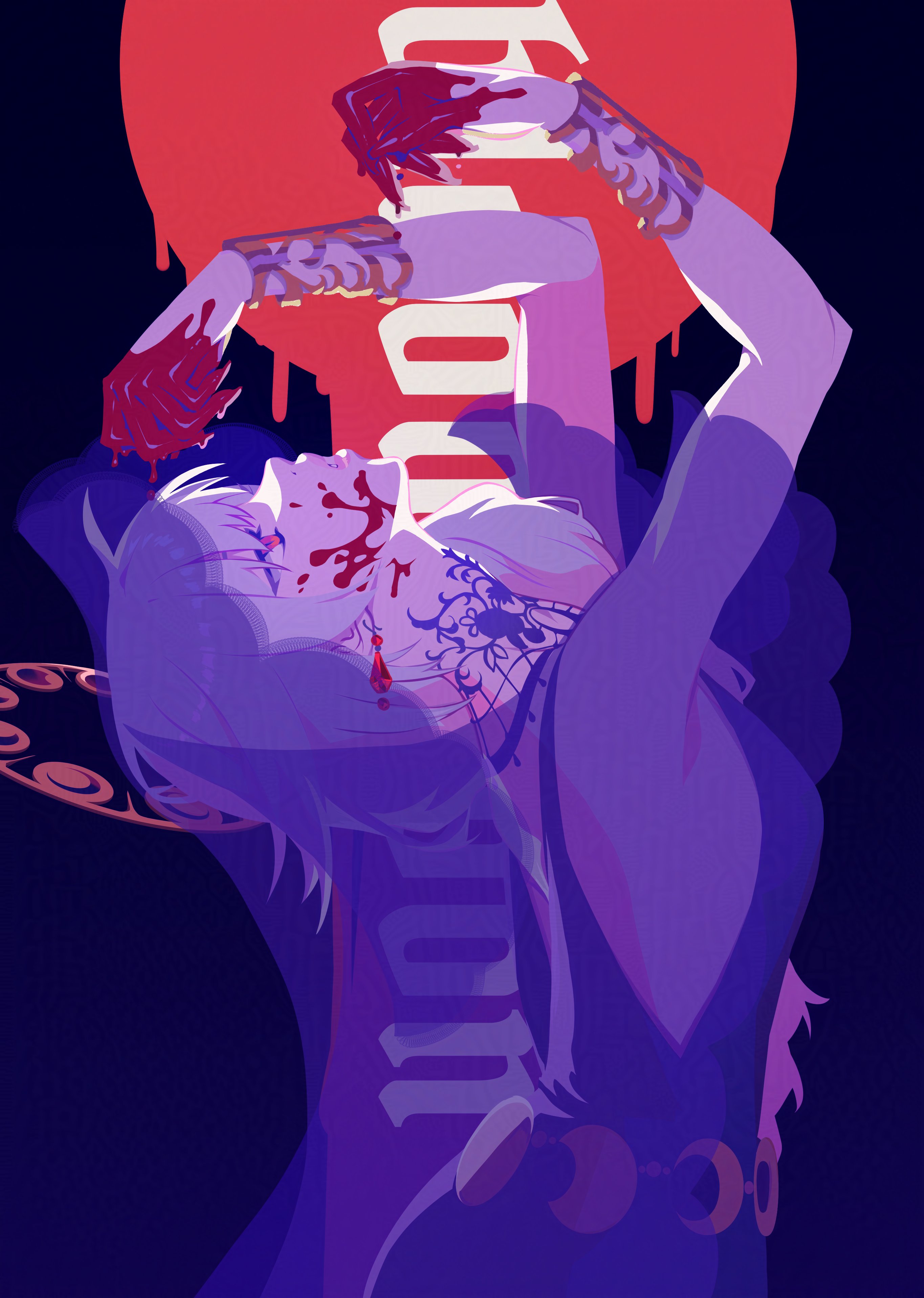 takiminada, semmelweis (reverse:1999), semmelweis (the wax and wane of the heart) (reverse:1999), reverse:1999, facing up, absurdres, adversarial noise, commentary, english commentary, highres, 1girl, arched back, arms up, black dress, black veil, blood, blood on face, blood on hands, bracer, dark background, dress, english text, from side, hair ornament, long braid, official alternate costume, profile, red eyes, sleeveless, sleeveless dress, solo, upper body, veil, white hair