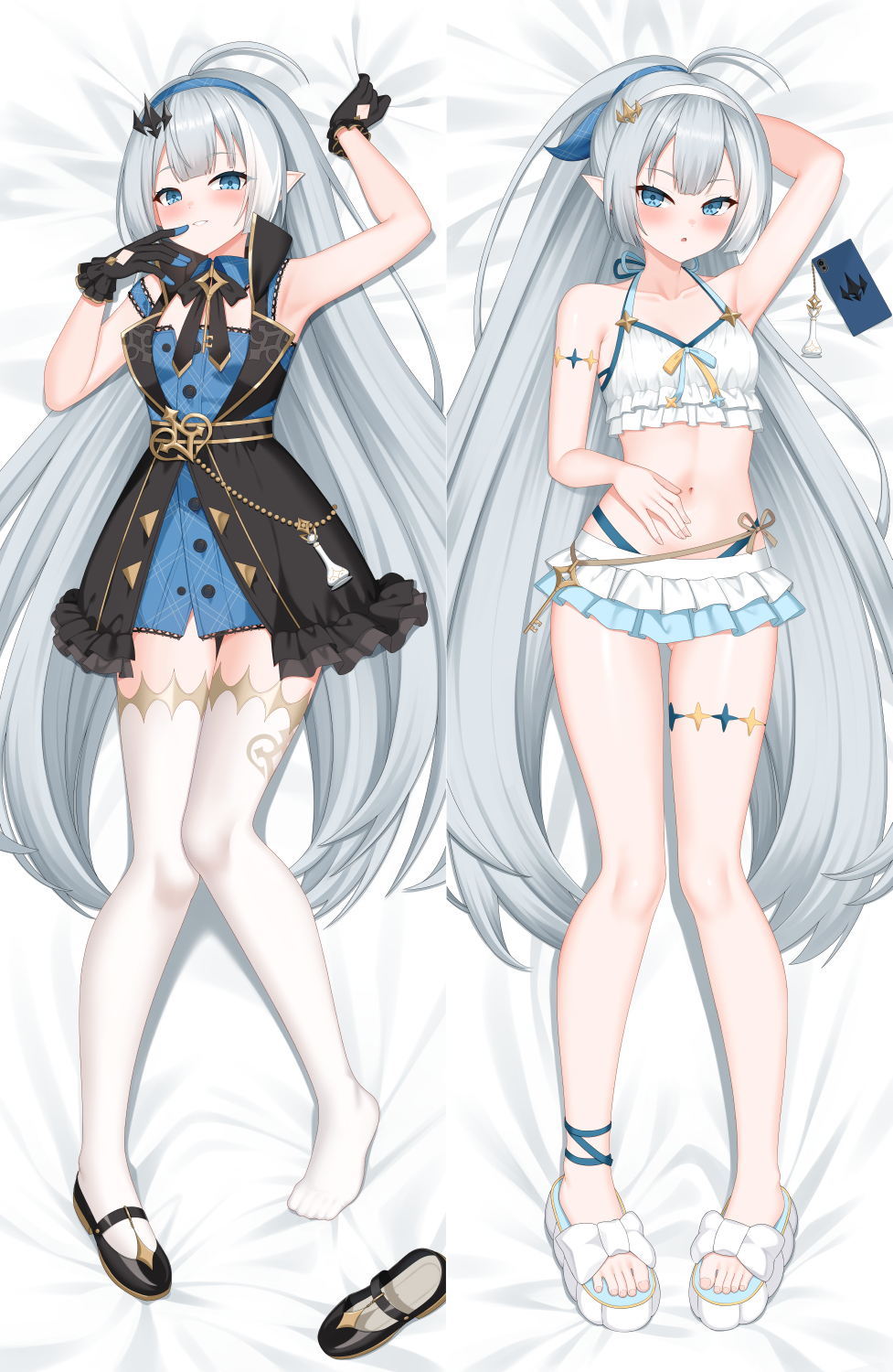 kurisu-kun, female tyrant (stella sora), female tyrant (swimsuit) (stella sora), tyrant (stella sora), stella sora, commentary, english commentary, highres, 2girls, :d, ahoge, armlet, armpits, bed sheet, bikini, bikini skirt, black gloves, blue eyes, blush, cellphone, chess piece, collarbone, dakimakura (medium), dual persona, frilled bikini, frills, full body, gloves, grey hair, hair between eyes, hairband, jewelry, long hair, looking at viewer, lying, mary janes, multiple girls, navel, official alternate costume, official alternate hairstyle, on back, open mouth, parted lips, phone, pointy ears, ponytail, presenting armpit, sandals, shoes, sidelocks, simple background, smartphone, smile, spaghetti strap, stomach, swimsuit, symbol-shaped pupils, thigh strap, thighhighs, white bikini, white thighhighs