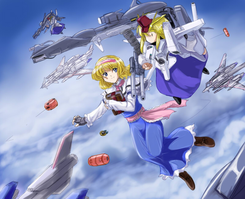 flx, alice margatroid, asshimar, fazz (gundam), shanghai doll, z plus (gundam), gundam, gundam sentinel, touhou, 1girl, blonde hair, blue eyes, book, doll, female focus, fingerless gloves, gloves, grimoire, grimoire of alice, hairband, name connection, short hair, string, weapon