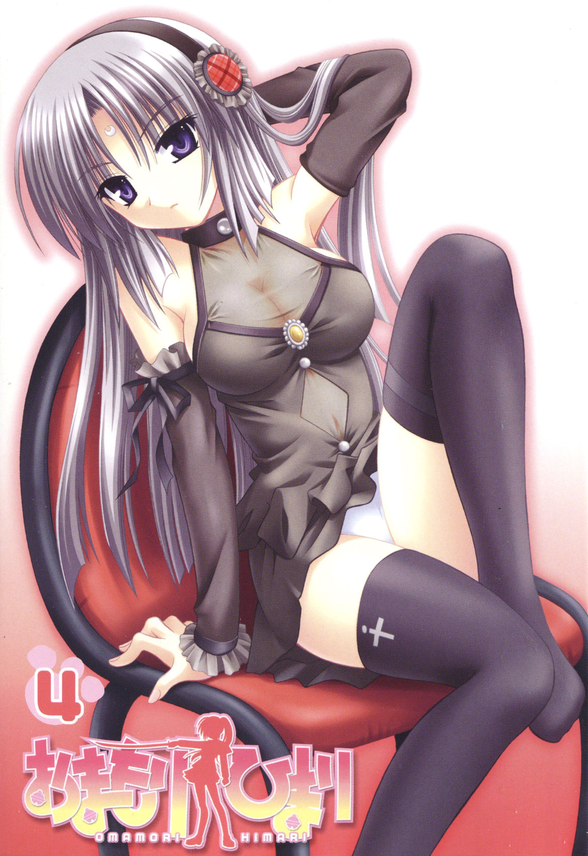 matra milan, jinguuji kuesu, omamori himari, highres, 1girl, breasts, chair, cleavage, cover, detached sleeves, female focus, grey hair, medium breasts, navel, panties, purple eyes, see-through clothes, sitting, solo, thighhighs, underwear, zettai ryouiki