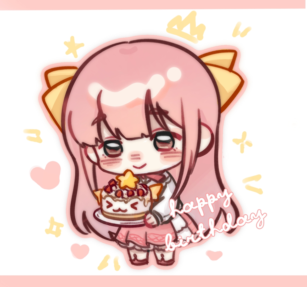 nikki (nikki), perfect start (infinity nikki), infinity nikki, nikki (series), chinese commentary, commentary request, 1girl, alternate hairstyle, birthday, birthday cake, blunt bangs, blush stickers, border, bow, bow choker, bowtie, brown eyes, cake, chibi, choker, chun1247, closed mouth, english text, eyelashes, food, frilled shirt, frilled skirt, frills, hair bow, happy, happy birthday, holding, holding cake, holding food, layered skirt, letterboxed, long hair, long sidelocks, long sleeves, looking ahead, medium skirt, notice lines, off-shoulder shirt, off shoulder, outline, pink border, pink bow, pink bowtie, pink choker, pink hair, pink outline, pink shoes, pink skirt, pleated skirt, puffy long sleeves, puffy sleeves, shirt, shoes, sidelocks, skirt, smile, solo, sparkle, standing, very long hair, wavy hair, white background, white shirt, white skirt, yellow bow