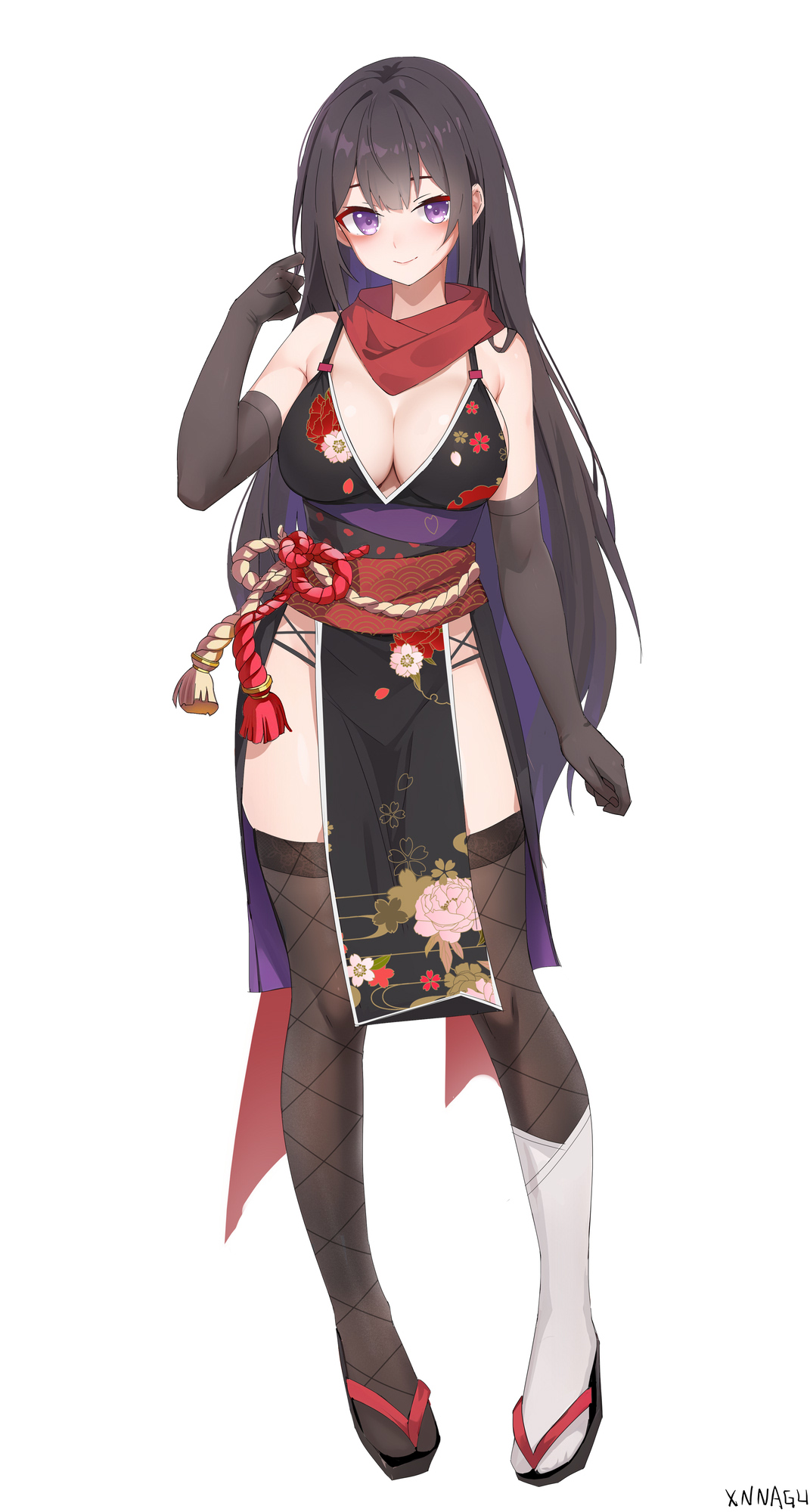 xnnagu, original, commentary request, highres, 1girl, black dress, black gloves, black thighhighs, breasts, dress, elbow gloves, gloves, grey hair, large breasts, long hair, mask, pelvic curtain, purple eyes, sandals, scarf, skindentation, solo, standing, thighhighs, very long hair