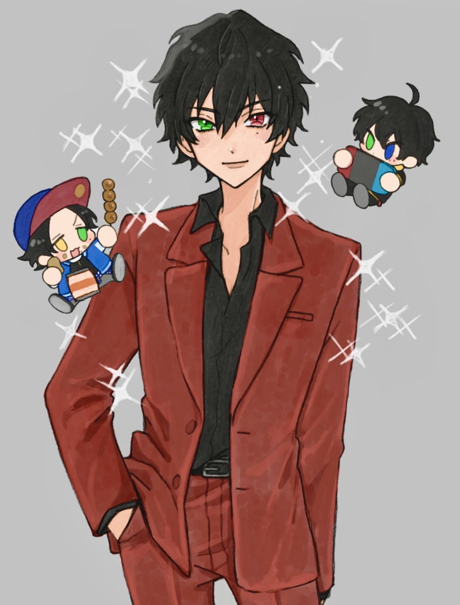 p4cnoo, yamada ichiro, yamada jiro, yamada saburo, hypnosis mic, commentary request, 3boys, ahoge, arm at side, bag of chips, belt, belt buckle, bishounen, black belt, black hair, black jacket, black pants, black shirt, blue eyes, blue hat, blue jacket, breast pocket, buckle, buster bros!!!, chibi, chibi inset, choppy bangs, collarbone, collared shirt, contrapposto, cowboy shot, dango, dress pants, food, food on face, formal clothes, green eyes, grey background, grey pants, hair between eyes, hand in pocket, hat, heterochromia, holding, holding food, jacket, lapels, light smile, long sleeves, looking at viewer, male focus, mitarashi dango, mole, mole under eye, multiple boys, nintendo switch, notched lapels, open clothes, open jacket, pants, parted bangs, partially unbuttoned, pocket, red eyes, red hat, red jacket, red pants, red suit, shirt, shirt tucked in, short hair, simple background, solo focus, sparkle, standing, straight-on, suit, suit jacket, tareme, tsurime, two-tone hat, wagashi, wavy hair, yellow eyes