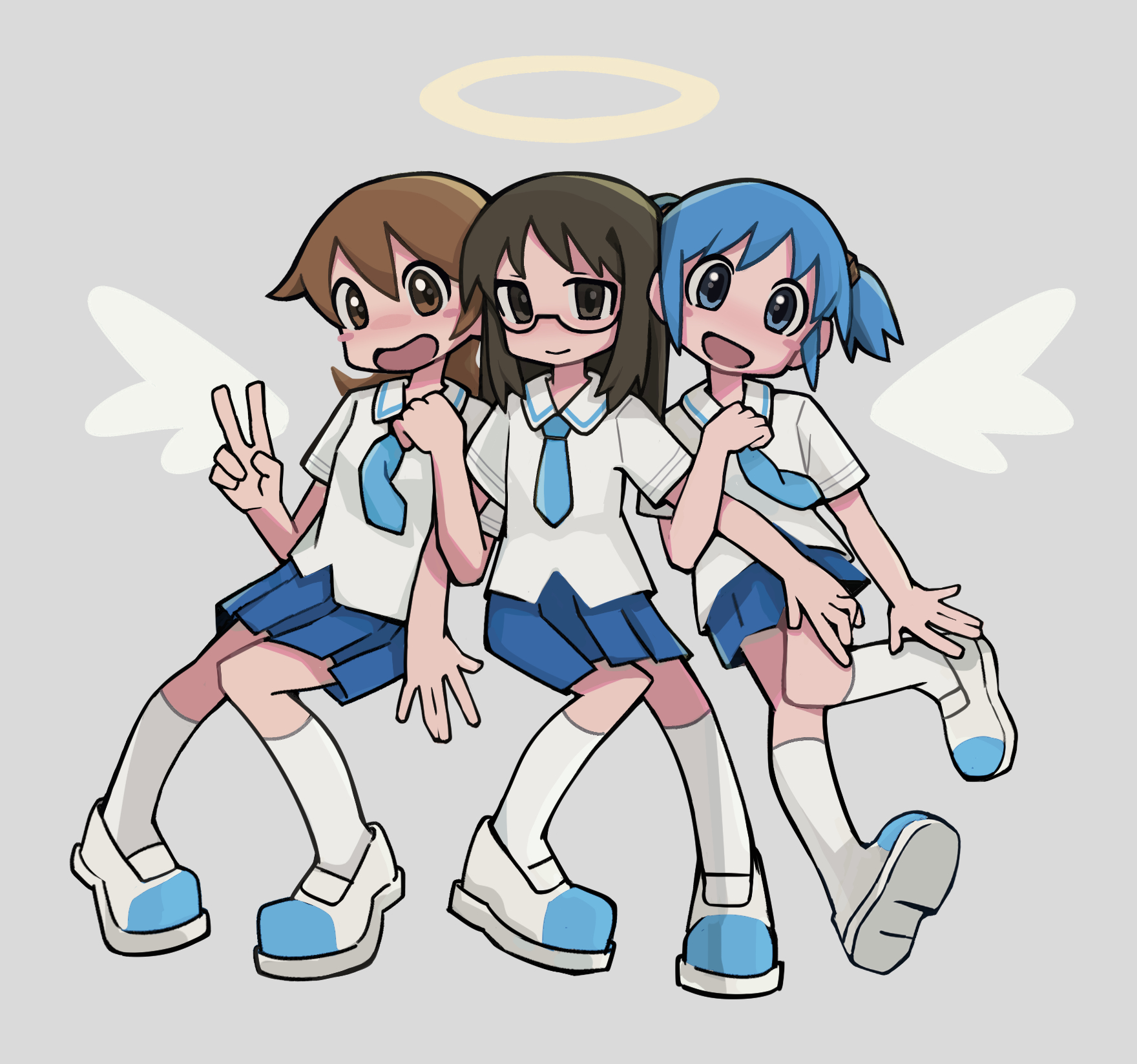 yihe mi, aioi yuuko, minakami mai, naganohara mio, nichijou, commentary, english commentary, hashtag-only commentary, highres, 3girls, black-framed eyewear, black eyes, black hair, blue eyes, blue hair, blue necktie, blue skirt, blush, brown eyes, brown hair, closed mouth, collared shirt, cube hair ornament, double-parted bangs, glasses, grey background, hair between eyes, hair ornament, long hair, multiple girls, necktie, open mouth, pleated skirt, school uniform, semi-rimless eyewear, shirt, shoes, short hair, short sleeves, short twintails, simple background, skirt, socks, tokisadame school uniform, twintails, under-rim eyewear, v, white shirt, white shoes, white socks