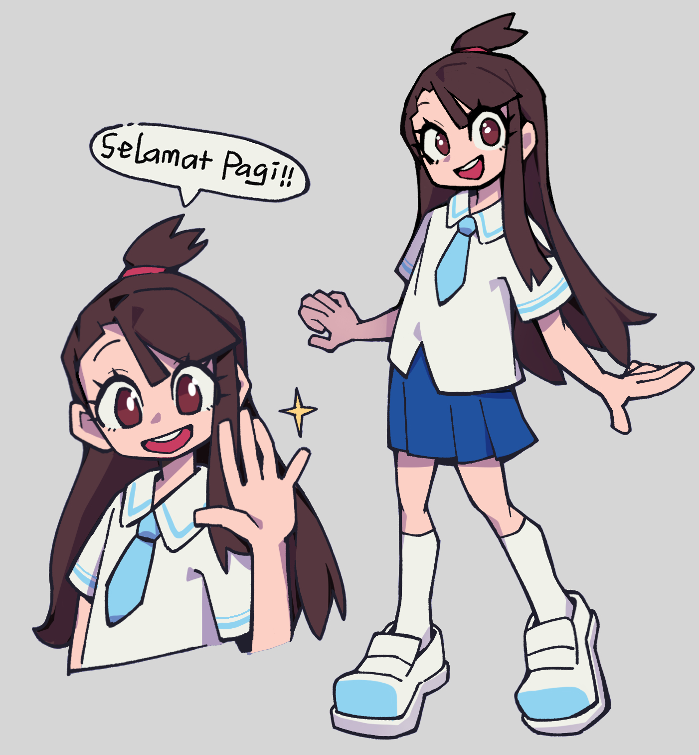 yihe mi, kagari atsuko, little witch academia, nichijou, highres, translated, 1girl, blue necktie, blue skirt, brown eyes, brown hair, collared shirt, crossover, full body, grey background, indonesian text, long hair, looking at viewer, necktie, open mouth, pleated skirt, school uniform, shirt, shoes, short sleeves, simple background, skirt, smile, socks, solo, sparkle, speech bubble, teeth, tokisadame school uniform, upper teeth only, white shirt, white shoes, white socks